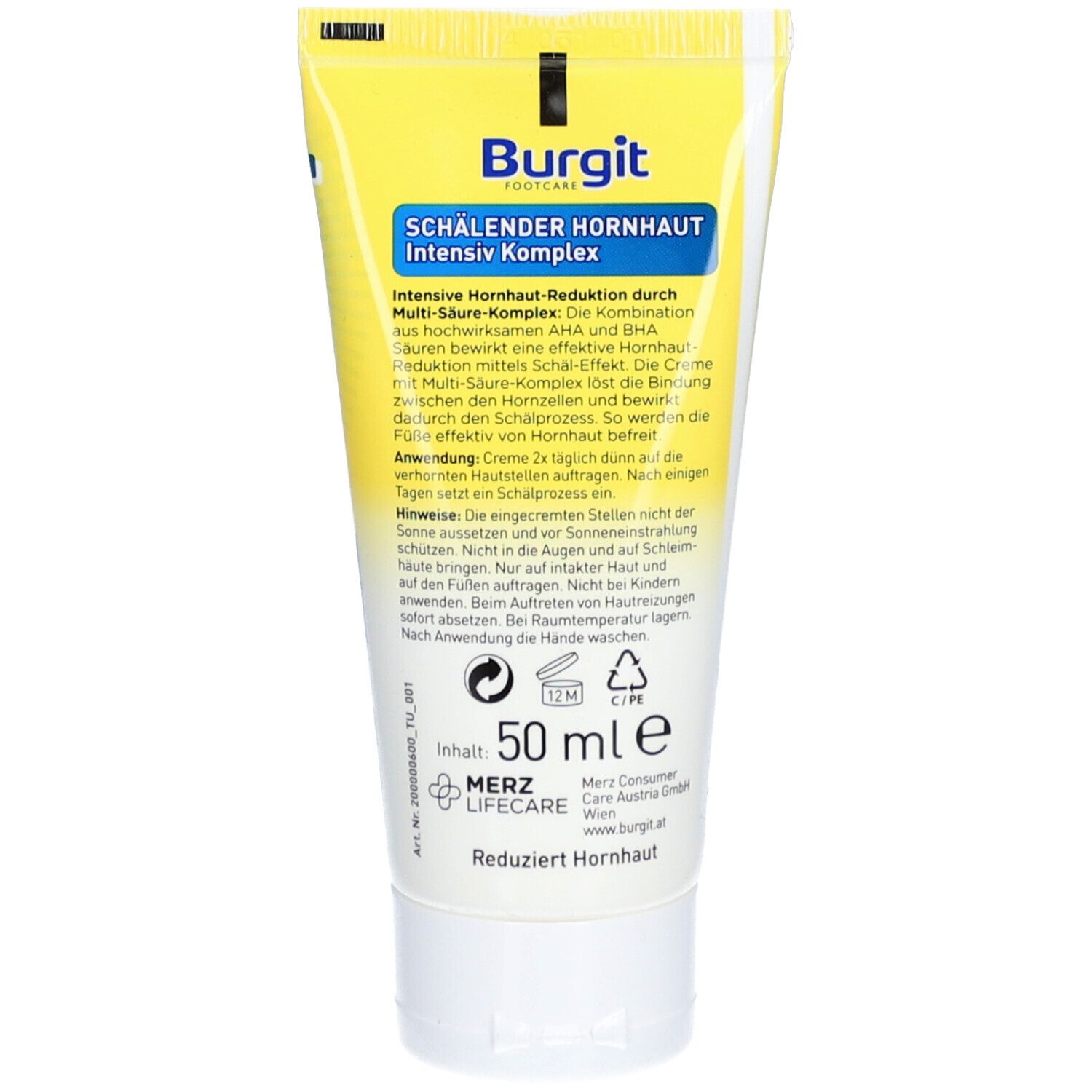 Rückseite der Creme-Tube. Text: Burgit FOOTCARE, SCHÄLENDER HORNHAUT Intensiv Komplex. Enthält 50 ml. Hersteller: MERZ LIFECARE.