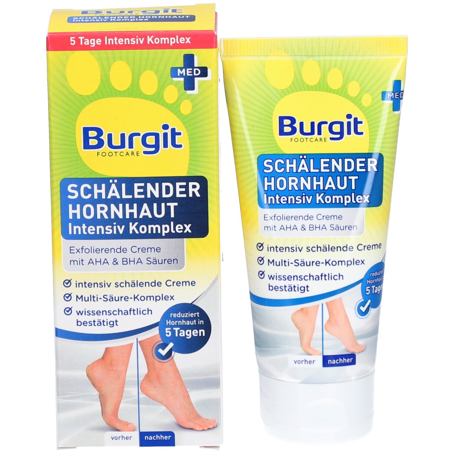 Produkt-Set: Tube und Schachtel. Text: Burgit FOOTCARE, SCHÄLENDER HORNHAUT Intensiv Komplex. Exfolierende Creme. 5 Tage Intensiv Komplex.
