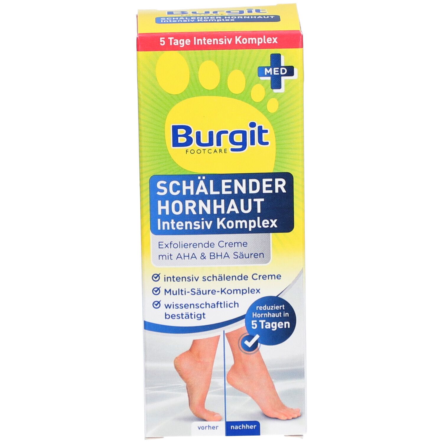 Produktverpackung. Text: Burgit FOOTCARE, SCHÄLENDER HORNHAUT Intensiv Komplex. Exfolierende Creme. 5 Tage Intensiv Komplex.