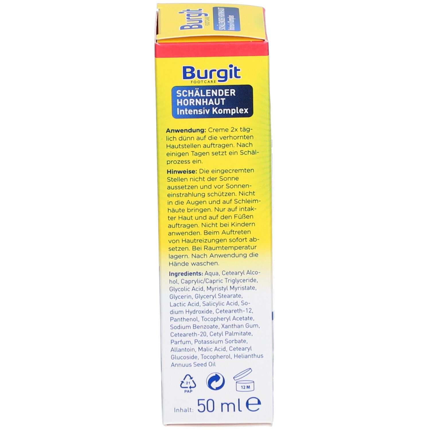 Produktverpackung, Seitenansicht. Text: Burgit FOOTCARE, SCHÄLENDER HORNHAUT Intensiv Komplex. Enthält 50 ml. Inhaltsstoffe.