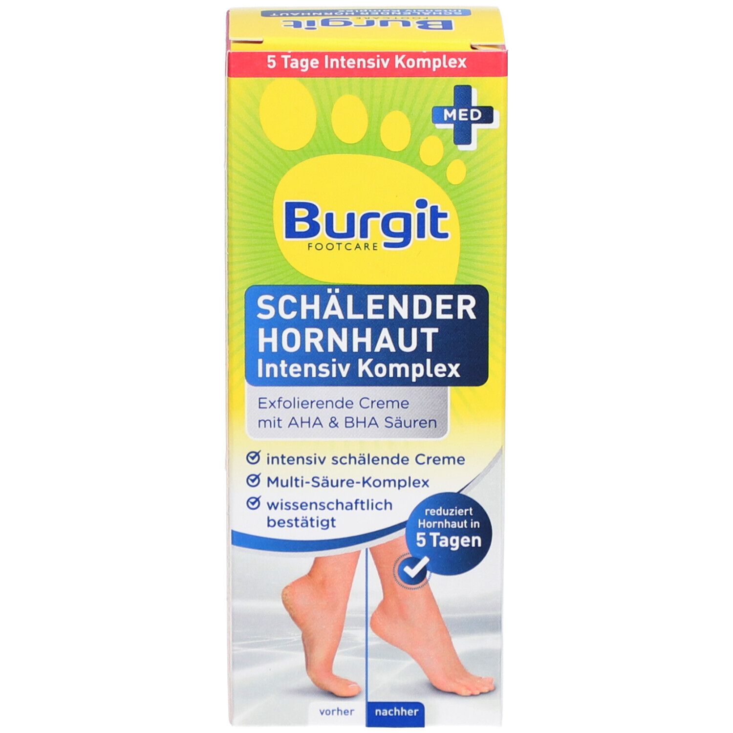 Produktverpackung. Text: Burgit FOOTCARE, SCHÄLENDER HORNHAUT Intensiv Komplex. Exfolierende Creme. 5 Tage Intensiv Komplex.