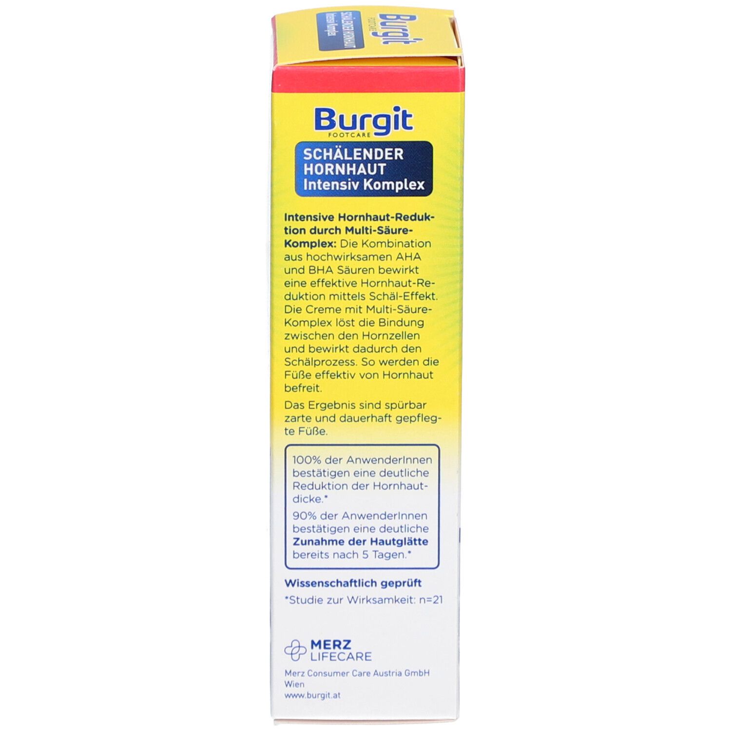 Produktverpackung, Rückseite. Text: Burgit FOOTCARE, SCHÄLENDER HORNHAUT Intensiv Komplex. Hersteller: MERZ LIFECARE. Wissenschaftlich geprüft.