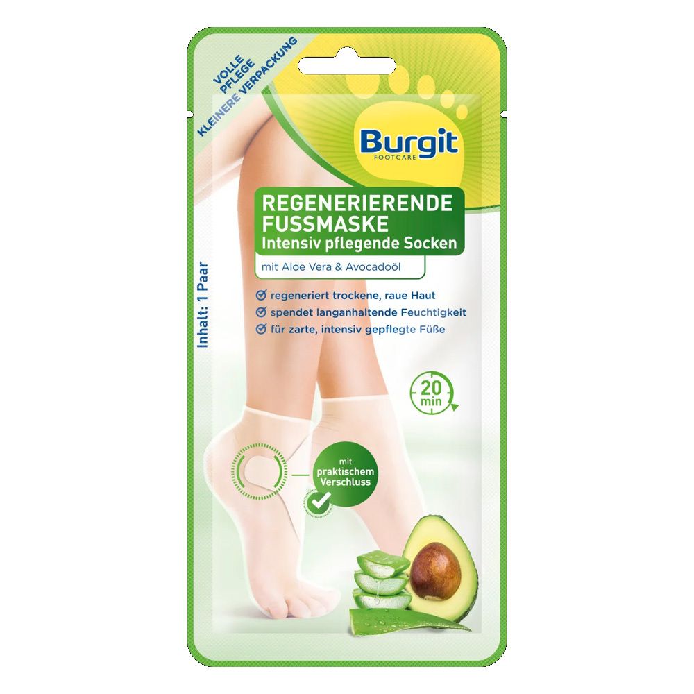 Verpackung der Burgit Fußmaske Socken. Enthält ein Paar. Abbildung von Füßen in Socken, mit Aloe Vera und Avocado.
