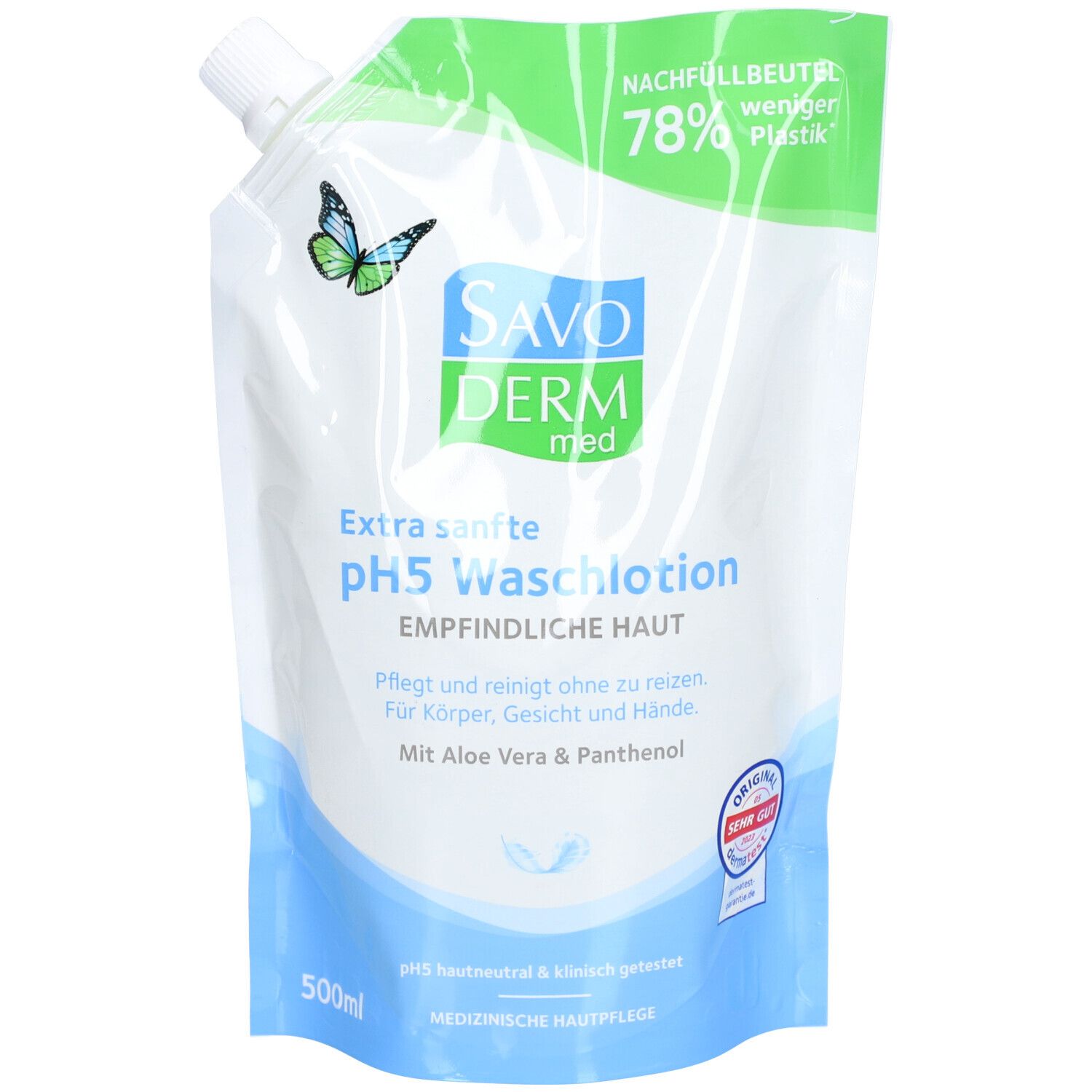 Nachfüllbeutel SAVODERM pH 5 Waschlotion. Weiß-grüne Verpackung mit Produktlogo, Schmetterling und Text. 500ml.