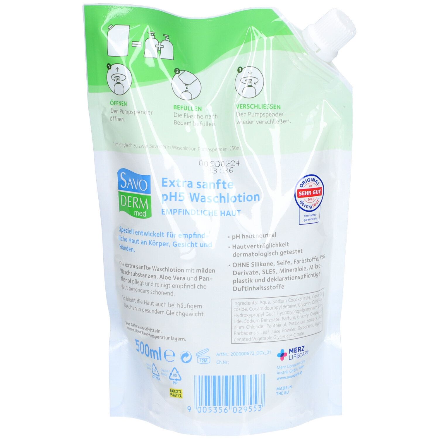 Rückseite der SAVODERM pH 5 Waschlotion Nachfüllbeutel. Weiß-grüne Verpackung mit Text und Logo. 500ml.