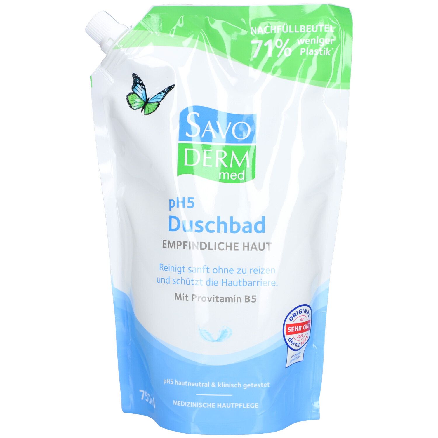 Nachfüllbeutel SAVODERM pH5 Duschbad. Weiß-grüne Verpackung mit Produktlogo und Text. Blauer Bogen. Schmetterling-Logo.