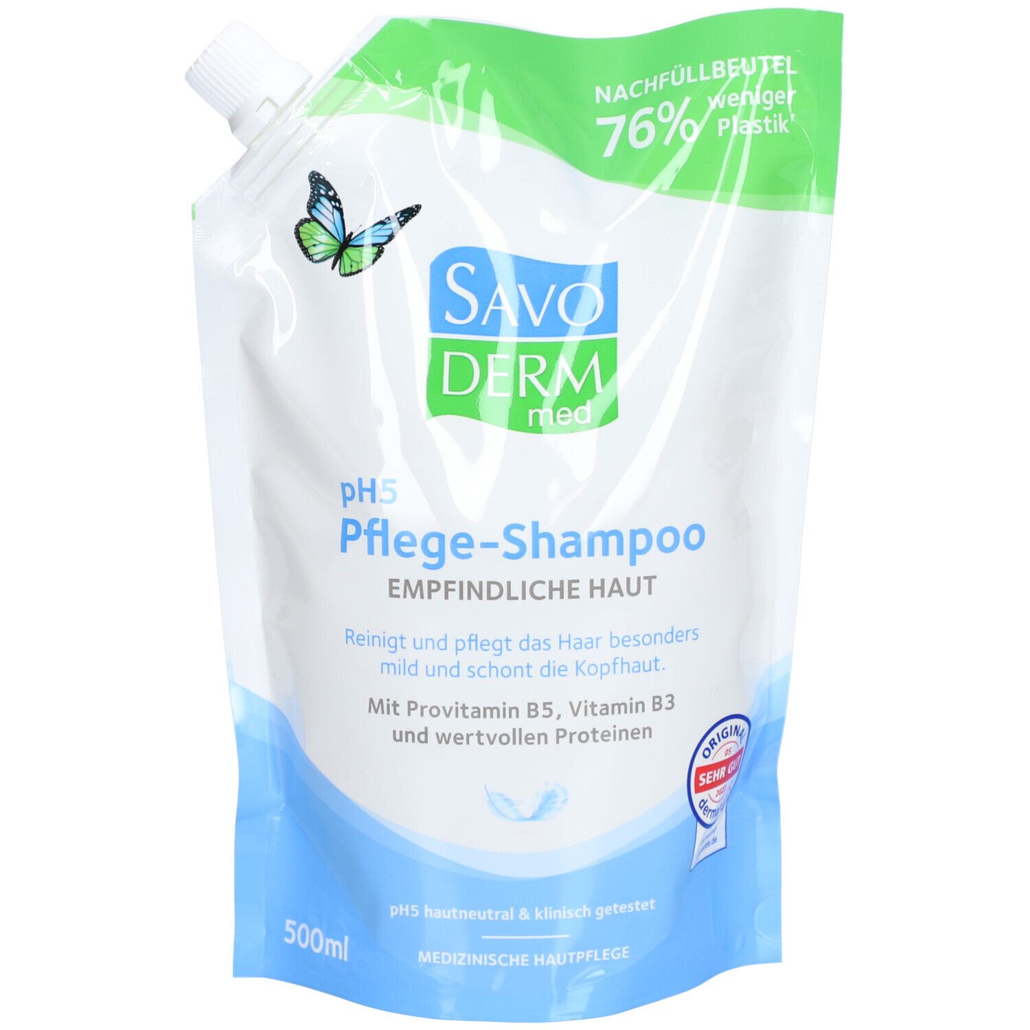 Nachfüllbeutel SAVODERM pH5 Pflege-Shampoo. Weiß-grüne Verpackung mit Produktnamen und Schmetterling. Text: EMPFINDLICHE HAUT, 500ml.