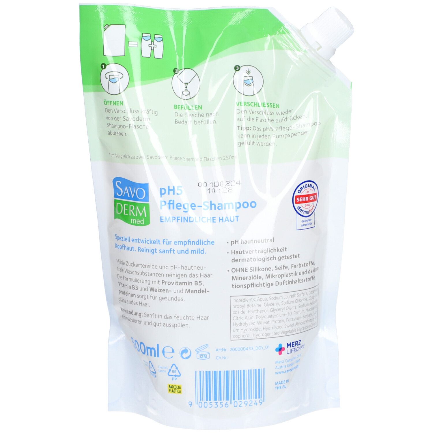 Rückseite der SAVODERM pH5 Pflege-Shampoo Nachfüllpackung. Weiß-grüne Verpackung mit Produktinformationen und Logo. Text: EMPFINDLICHE HAUT, 500ml.