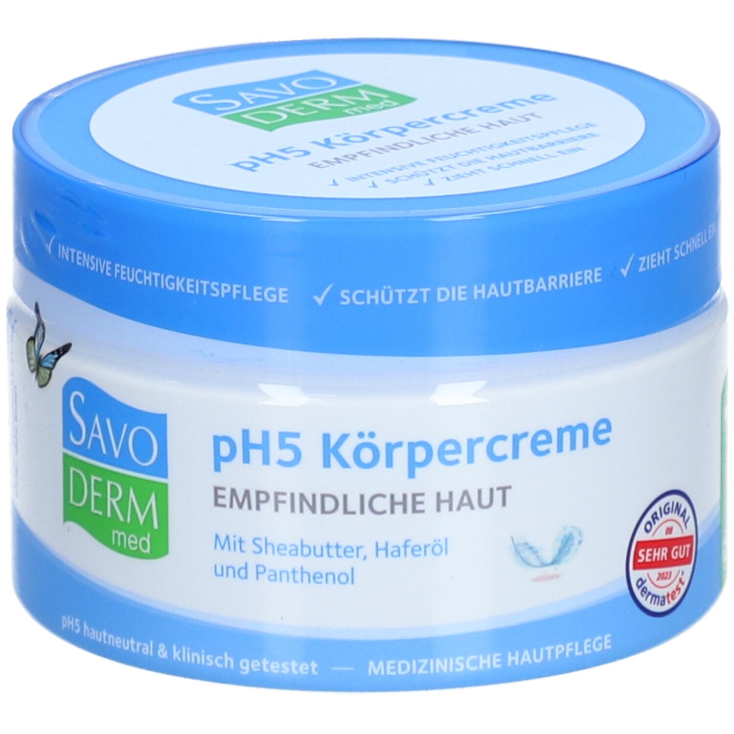 SAVODERM pH5 Körpercreme, blaue und weiße Dose. Aufschrift: pH5 Körpercreme, empfindliche Haut. Mit Sheabutter, Haferöl und Panthenol.
