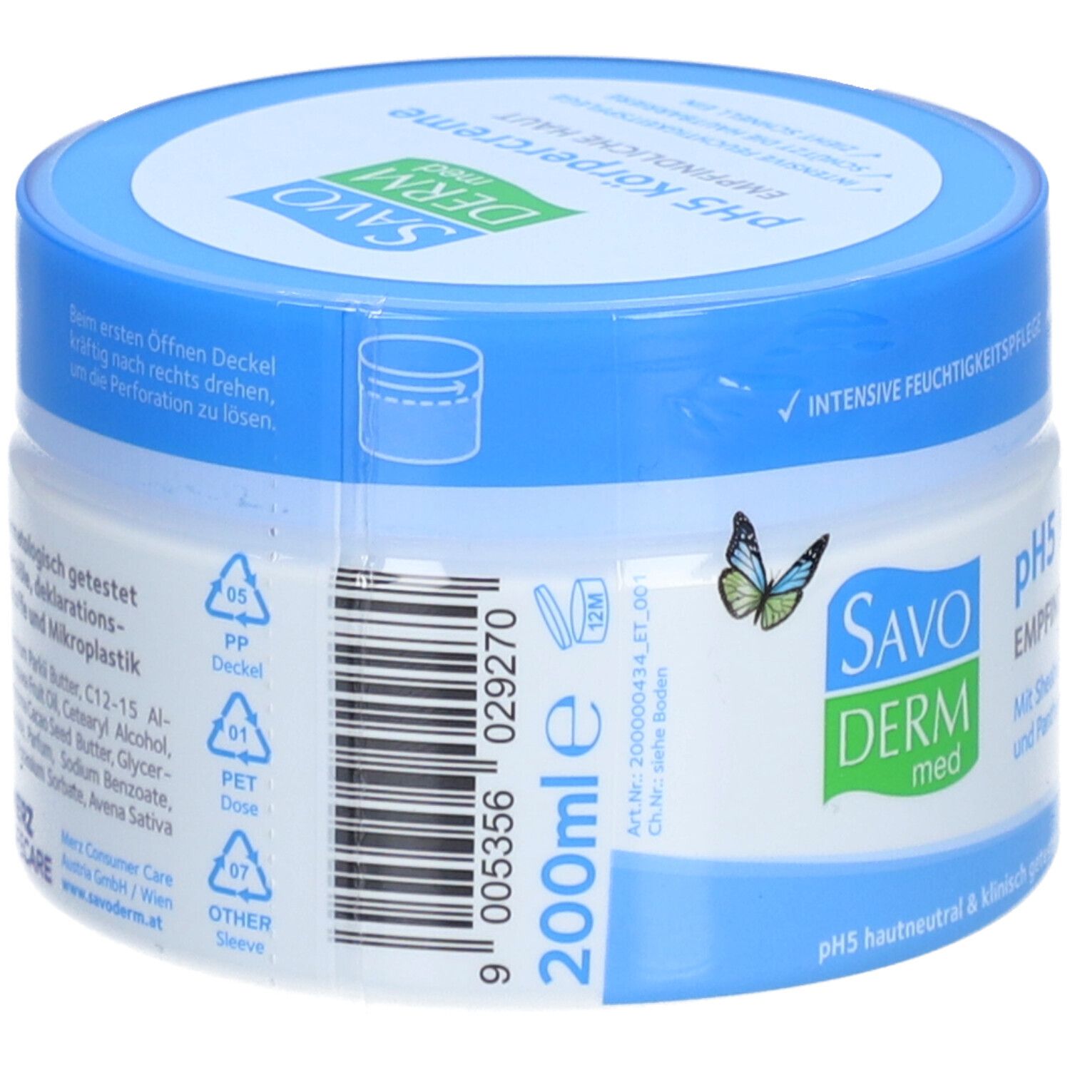SAVODERM pH5 Körpercreme, Dose mit blauen Deckel. Aufschrift: pH5 Körpercreme, 200ml. Inhaltsstoffe und Informationen zur Herstellung.