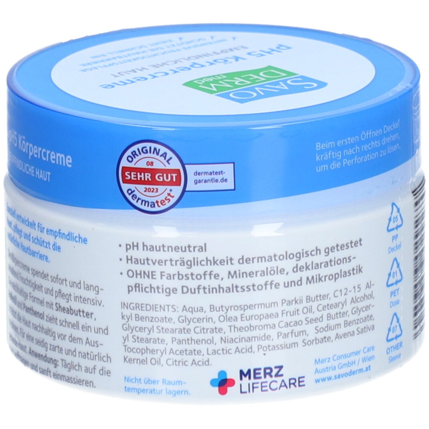 SAVODERM pH5 Körpercreme, Dose mit blauen Deckel. Aufschrift: pH5 Körpercreme, empfindliche Haut. Inhaltsstoffe und dermatologische Informationen.