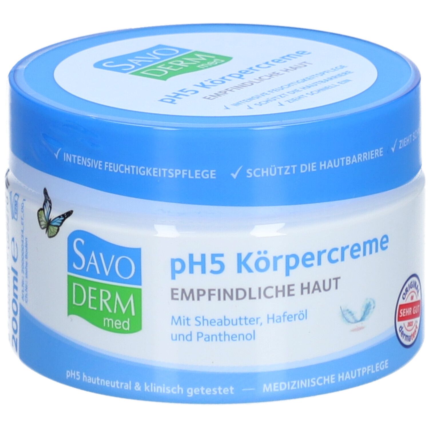 SAVODERM pH5 Körpercreme, Dose mit blauen Deckel. Aufschrift: pH5 Körpercreme, empfindliche Haut. Mit Sheabutter, Haferöl und Panthenol.
