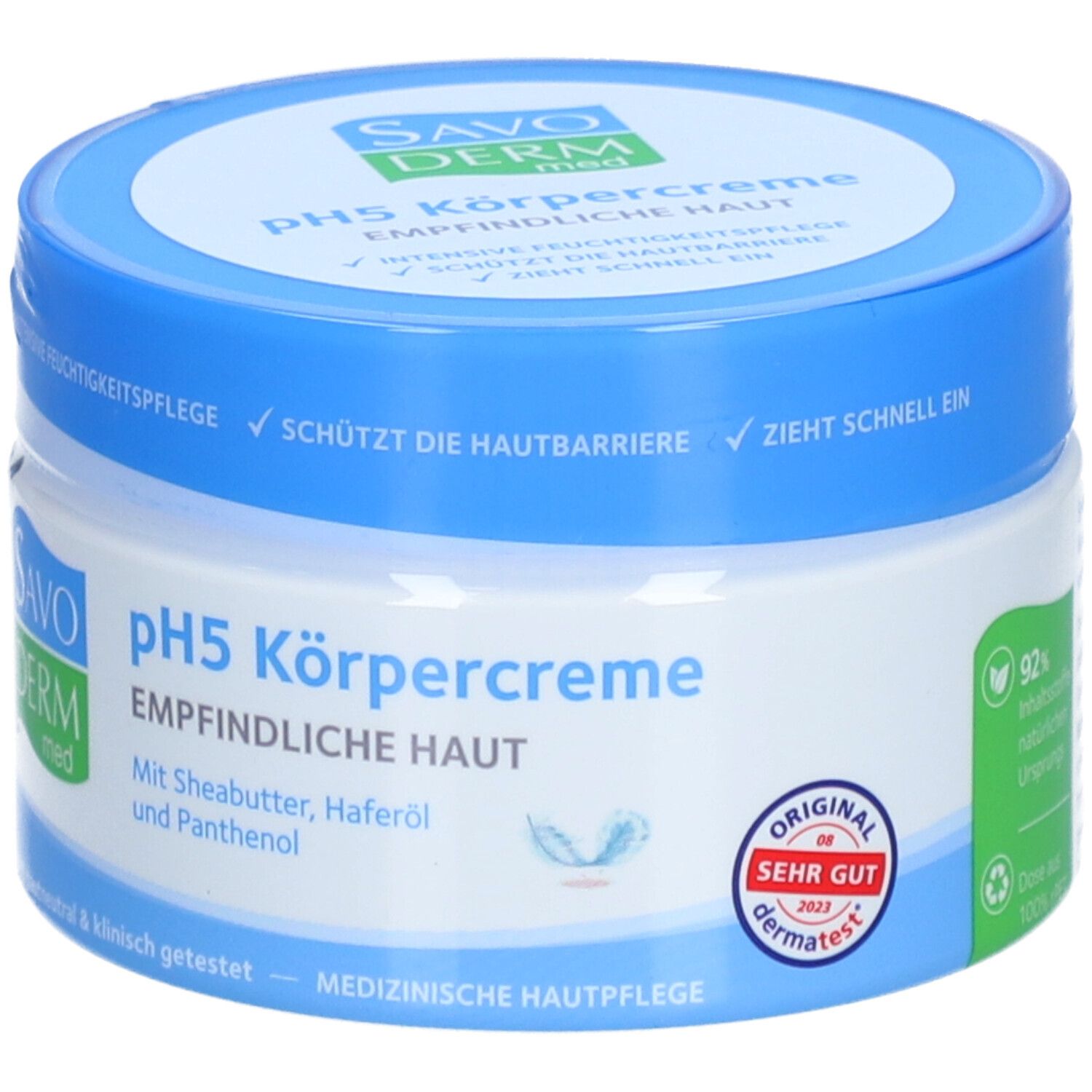 SAVODERM pH5 Körpercreme, Dose mit blauen Deckel. Aufschrift: pH5 Körpercreme, empfindliche Haut. Mit Sheabutter, Haferöl und Panthenol.