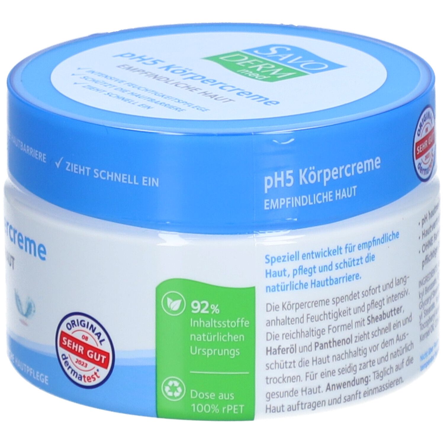 SAVODERM pH5 Körpercreme, Dose mit blauen Deckel. Aufschrift: pH5 Körpercreme, empfindliche Haut. 92% Inhaltsstoffe natürlichen Ursprungs.