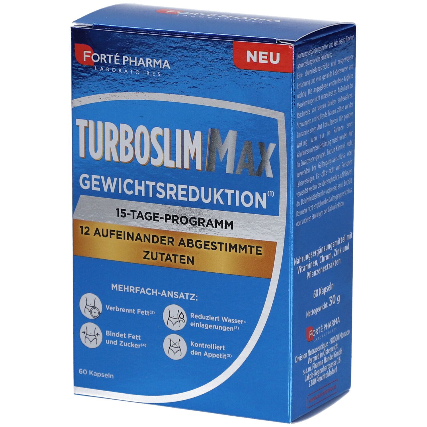 Blau-weiße Schachtel mit Produktnamen TurboSlim MAX Kapseln. Enthält 60 Kapseln. Aufschrift: Gewichtsreduktion, 15-Tage-Programm.