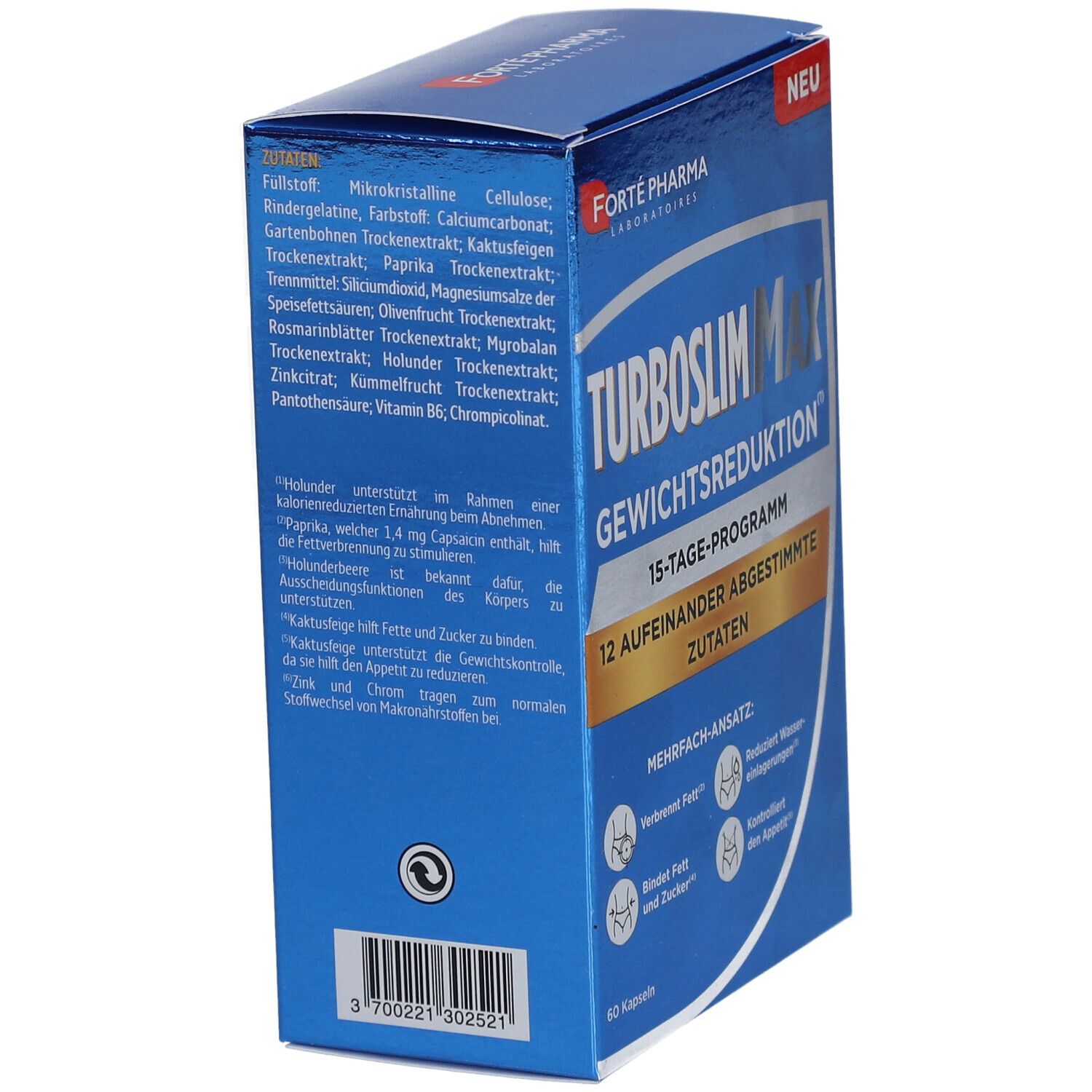 Blaue Schachtel mit Produktinformationen. Enthält Zutatenliste, darunter Chili-Extrakt und Rosmarin. 60 Kapseln.
