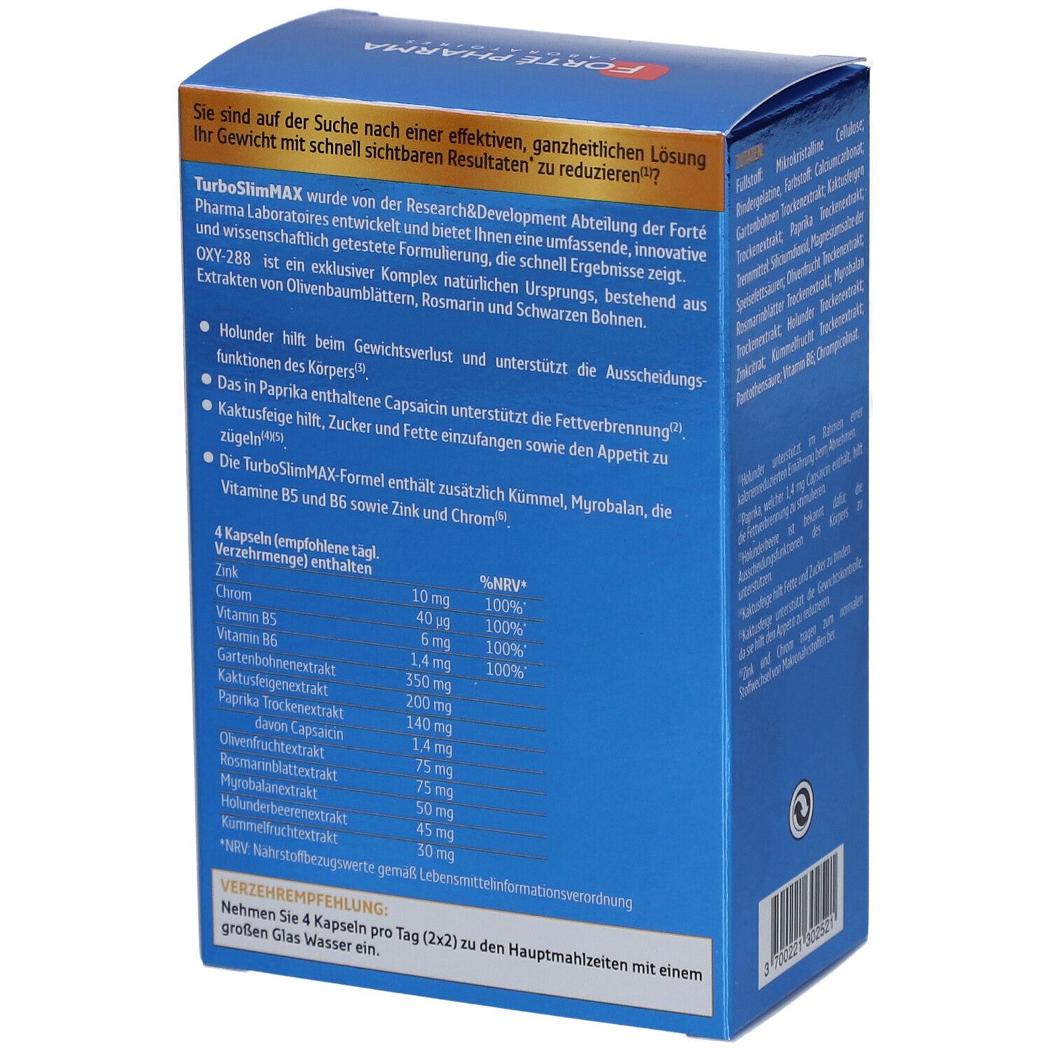 Blaue Schachtel mit Text. Enthält Informationen über die Inhaltsstoffe und die empfohlene Dosierung. 60 Kapseln.
