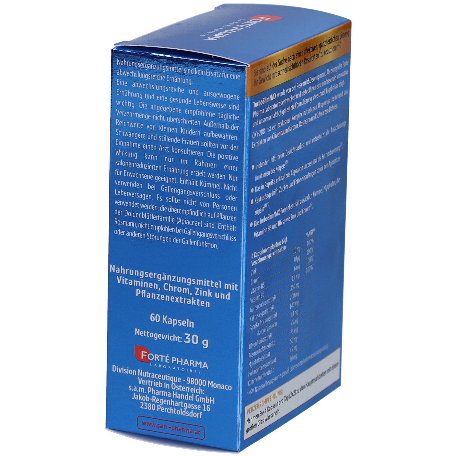 Blaue Schachtel mit Text. Enthält Informationen über die Inhaltsstoffe und die empfohlene Dosierung. 60 Kapseln.