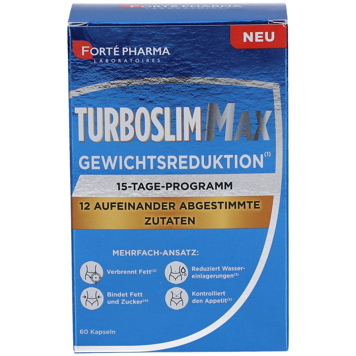 Blaue Schachtel mit Produktnamen TurboSlim MAX Kapseln. Enthält 60 Kapseln. Aufschrift: Gewichtsreduktion, 15-Tage-Programm.