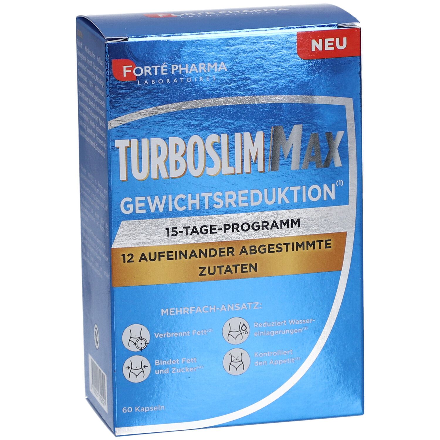 Blaue Schachtel mit Produktnamen TurboSlim MAX Kapseln. Enthält 60 Kapseln. Aufschrift: Gewichtsreduktion, 15-Tage-Programm.