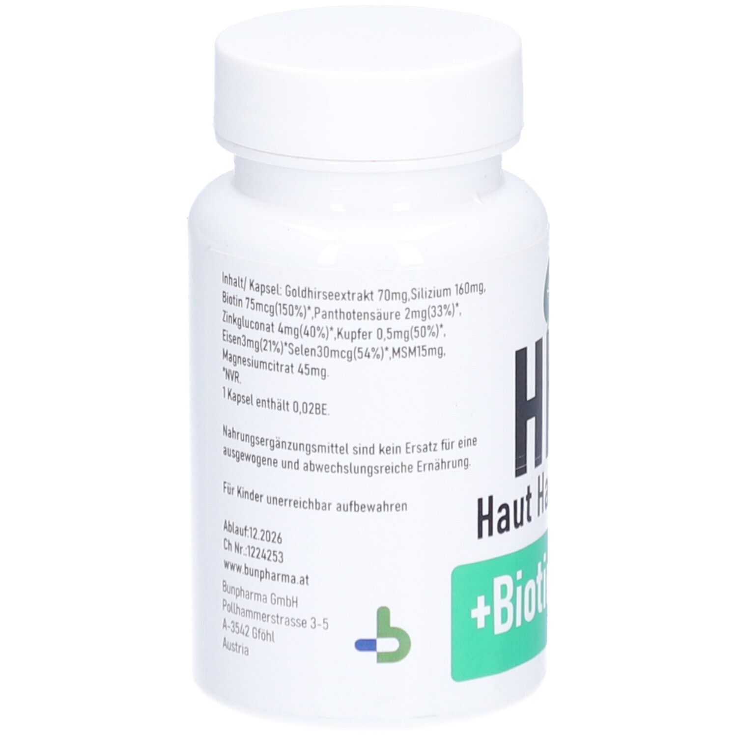 Weiße Kapsel-Dose mit Inhaltsangaben. Aufschrift HHN Haut Haare Nägel +Biotin. Grüner Aufkleber mit Logo.
