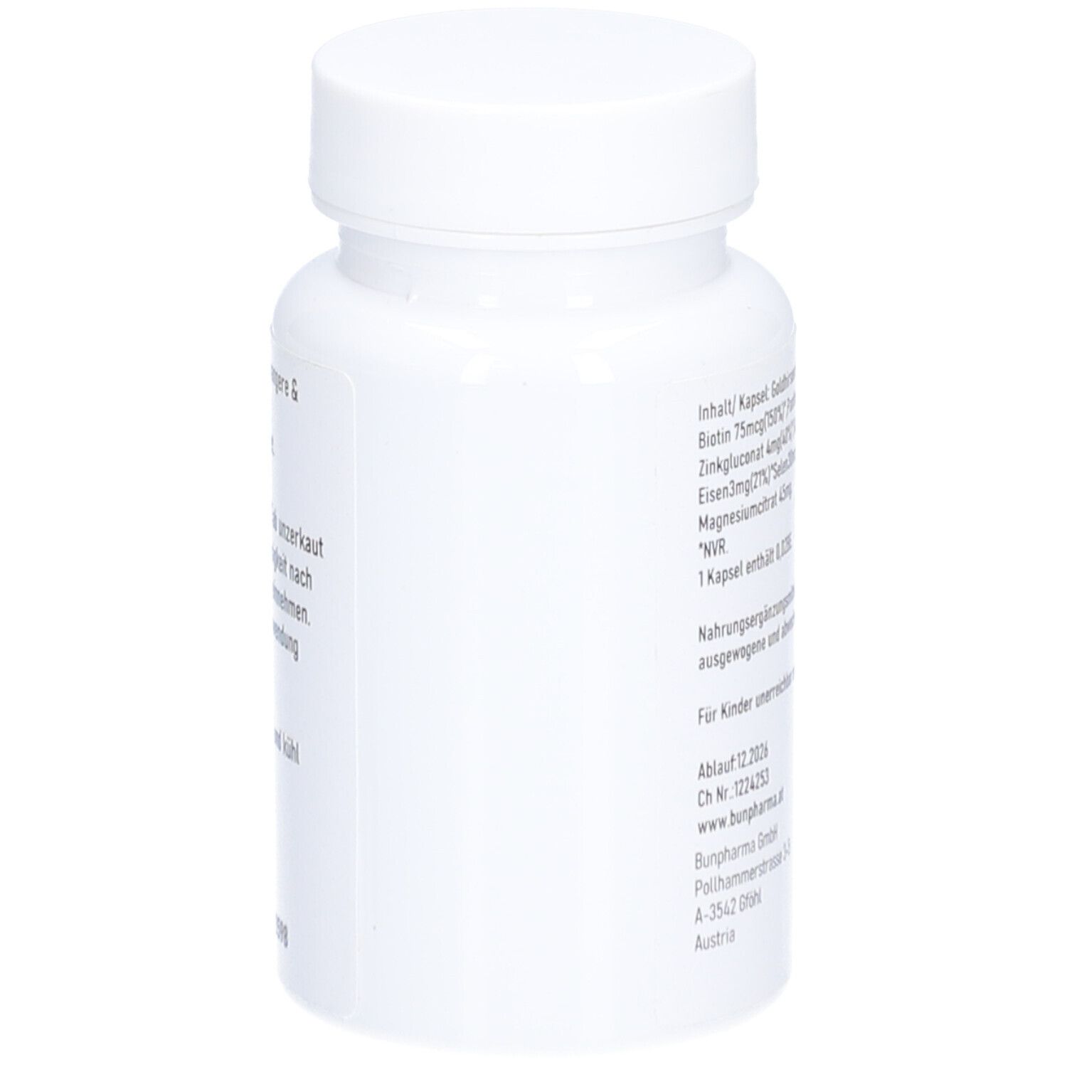 Weiße Kapsel-Dose mit Inhaltsangaben. Aufschrift HHN Haut Haare Nägel +Biotin. Grüner Aufkleber mit Logo.