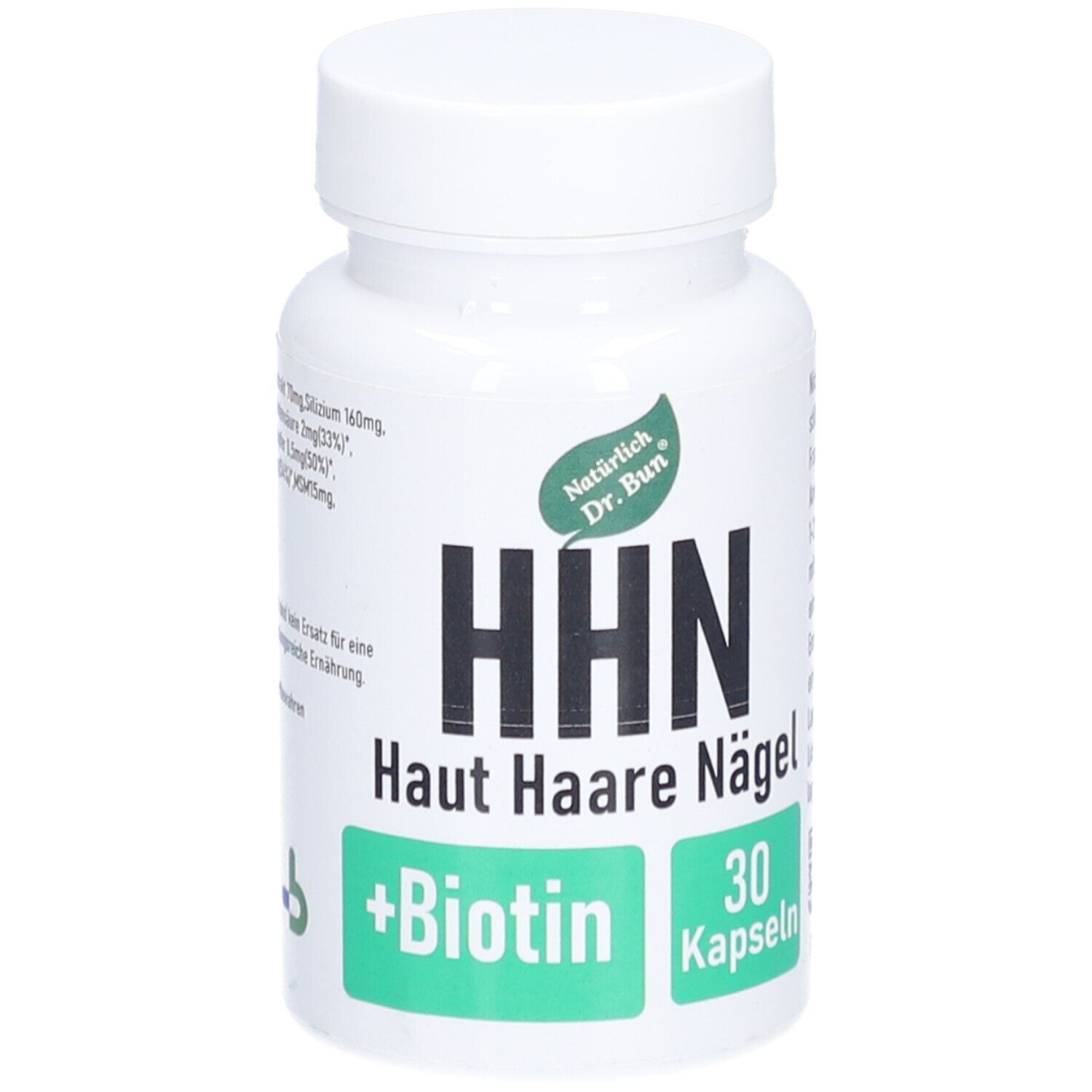 Weiße Kapsel-Dose mit Aufschrift HHN Haut Haare Nägel +Biotin. 30 Kapseln. Grüner Aufkleber mit Logo.