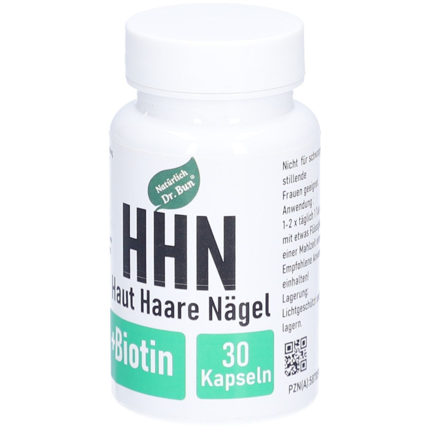 Weiße Kapsel-Dose mit Aufschrift HHN Haut Haare Nägel +Biotin. 30 Kapseln. Grüner Aufkleber mit Logo.