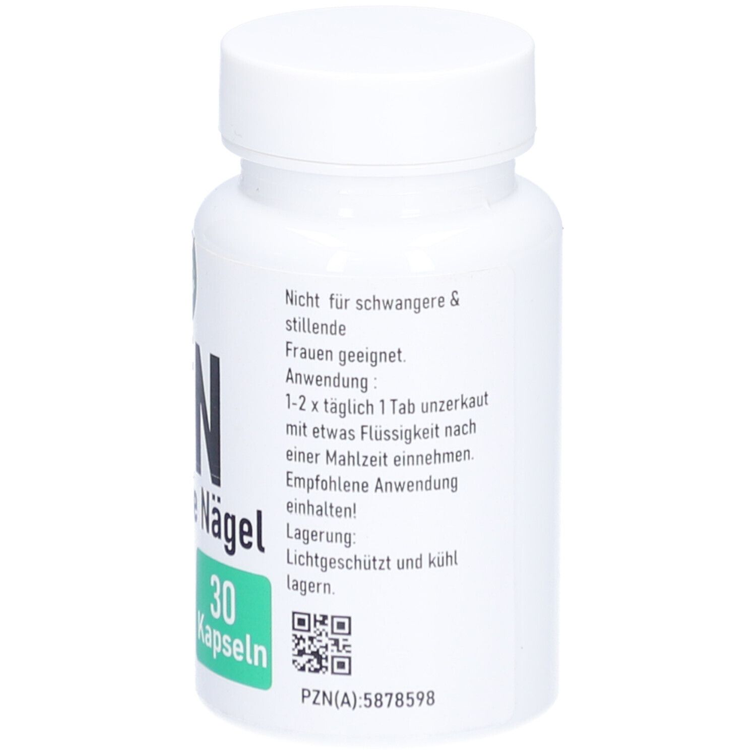 Weiße Kapsel-Dose mit Aufschrift HHN Haut Haare Nägel +Biotin. 30 Kapseln. Grüner Aufkleber mit Logo.