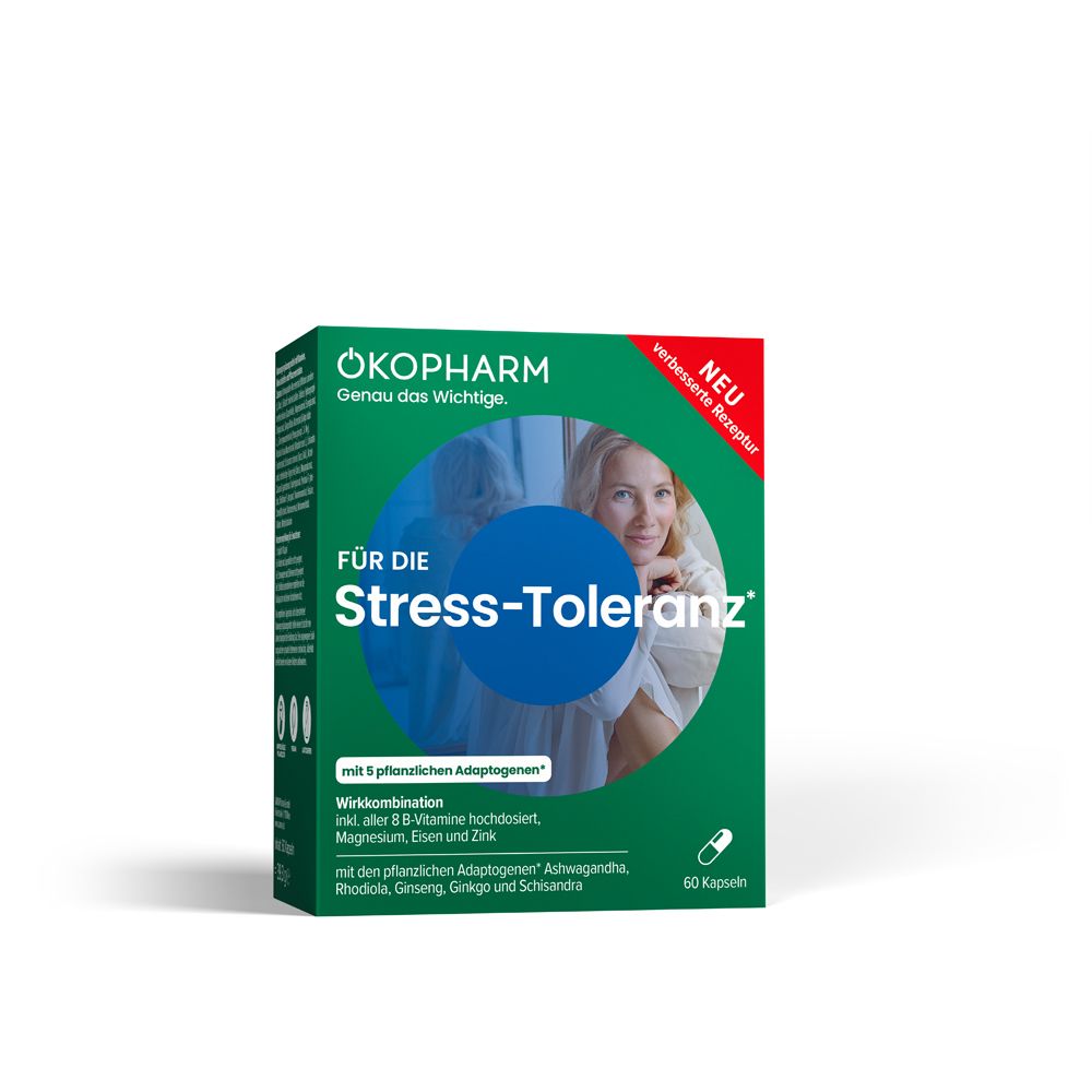 Grüne Schachtel mit ÖKOPHARM-Logo und Text. "Für die Stress-Toleranz". Enthält 60 Kapseln. "Neu"-Label.