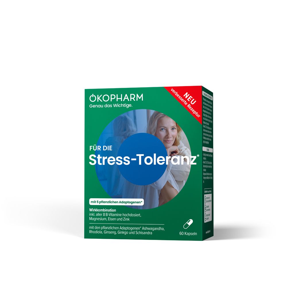 Grüne Schachtel mit ÖKOPHARM-Logo und Text. "Für die Stress-Toleranz". Enthält 60 Kapseln. "Neu"-Label.
