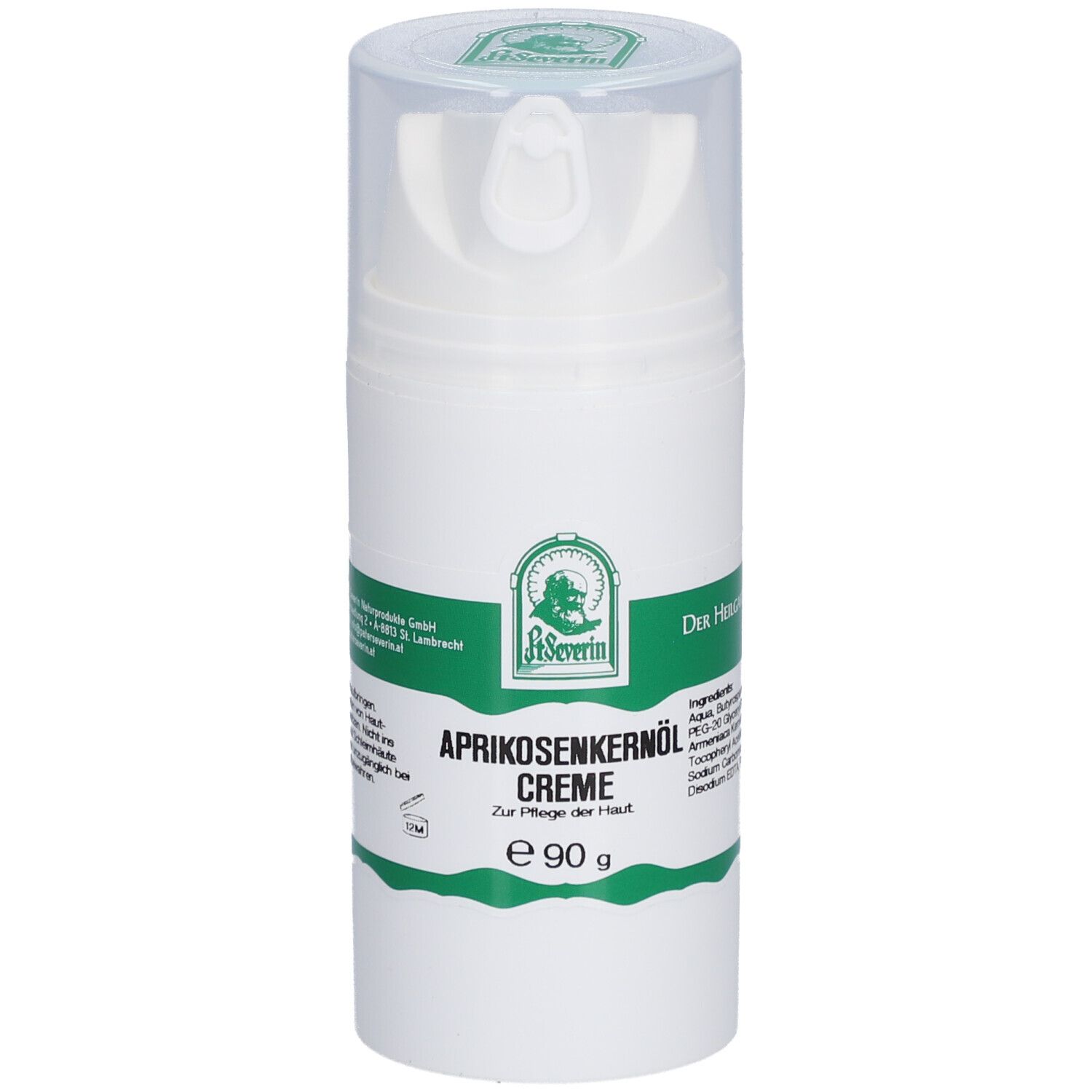 Weiße Creme-Flasche mit grünem Etikett. Aufschrift: Aprikosenkernöl Creme. Mit Dosierkopf und transparentem Deckel.