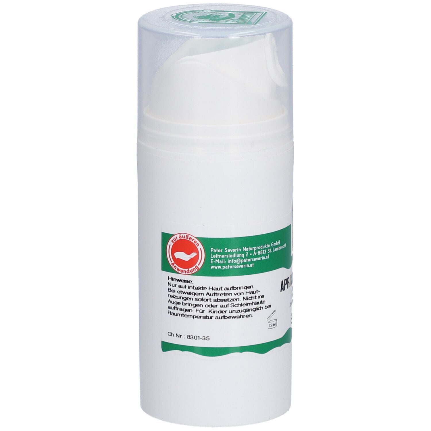 Rückansicht der weißen Creme-Flasche mit grünem Etikett. Textliche Hinweise und Informationen zur Creme.