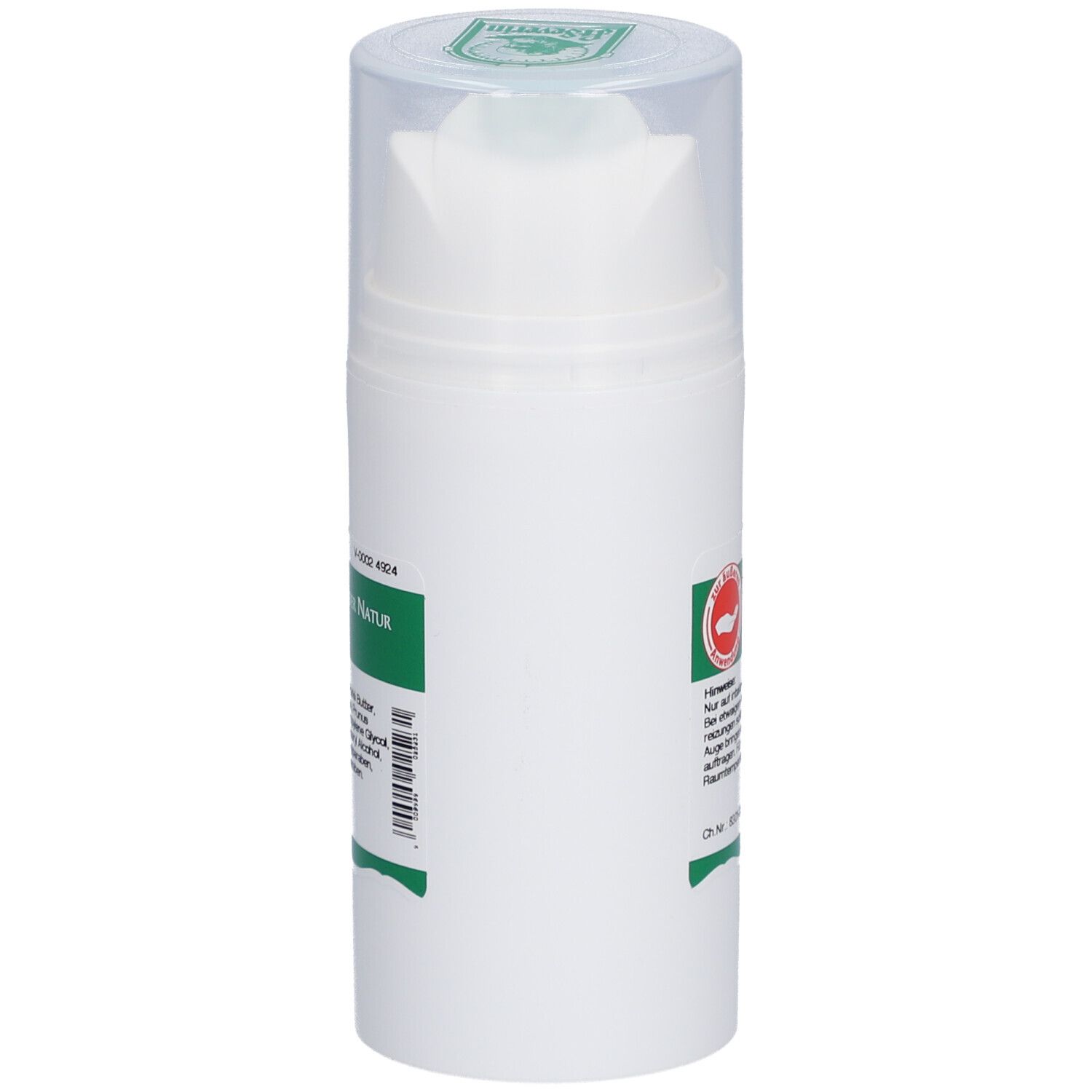 Seitenansicht der weißen Creme-Flasche mit grünem Etikett. Barcode und weitere Informationen.