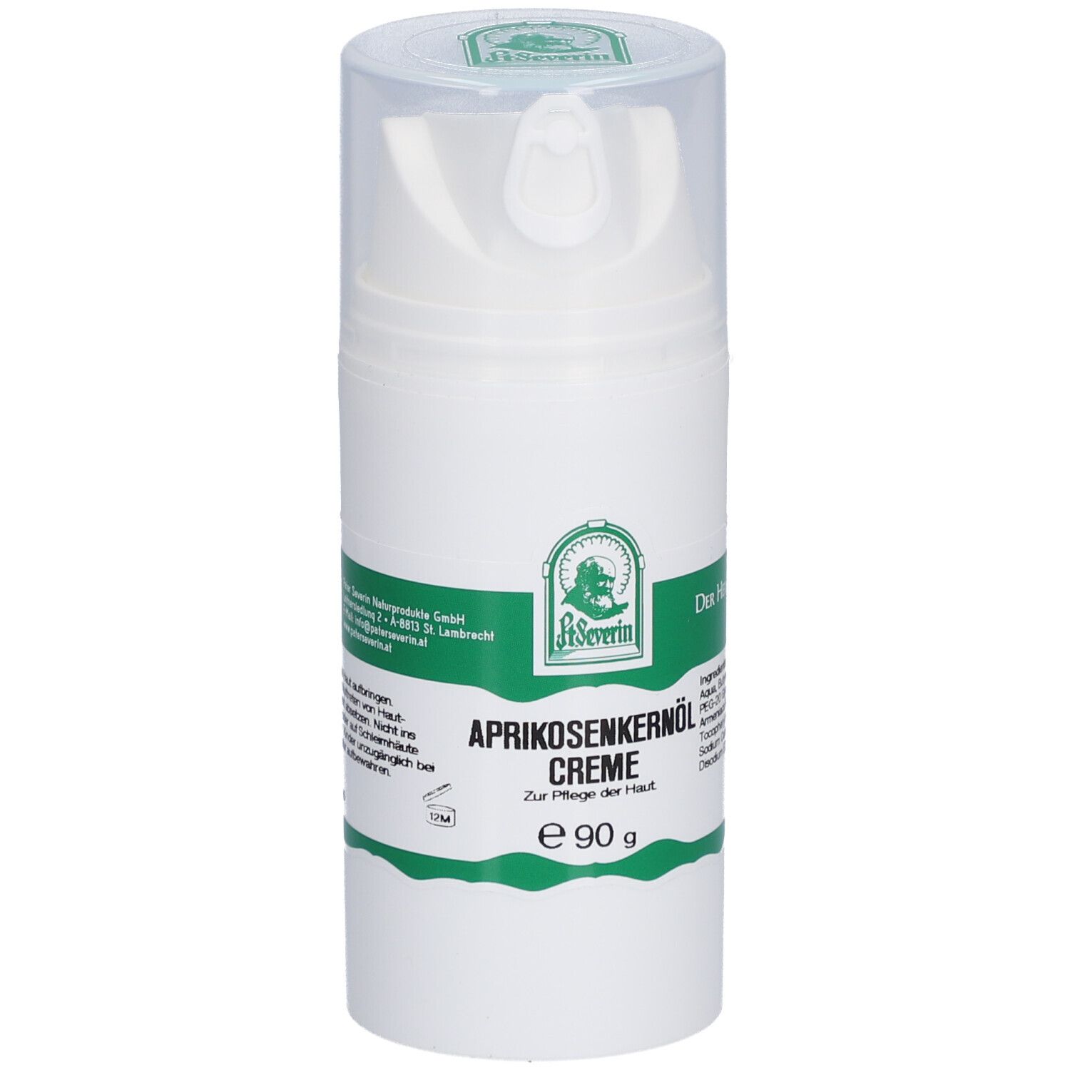 Weiße Creme-Flasche mit grünem Etikett. Aufschrift: Aprikosenkernöl Creme. Mit Dosierkopf und transparentem Deckel.