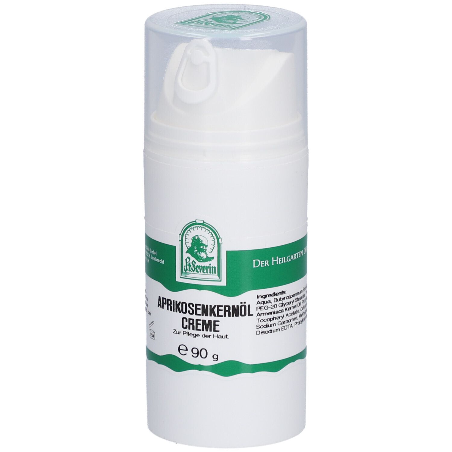 Weiße Creme-Flasche mit grünem Etikett. Aufschrift: Aprikosenkernöl Creme. Mit Dosierkopf und transparentem Deckel.