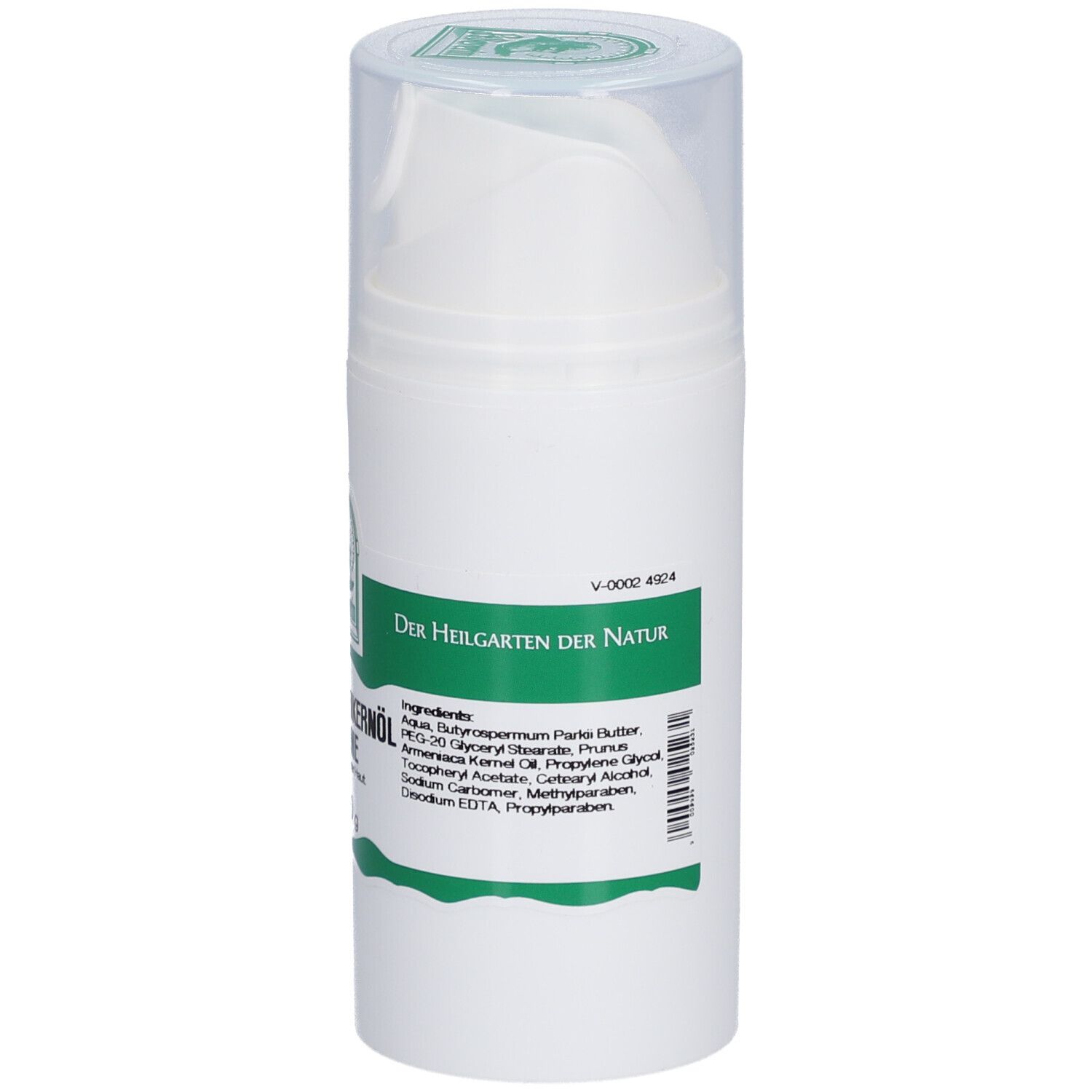Rückansicht der weißen Creme-Flasche mit grünem Etikett. Auflistung der Inhaltsstoffe und weitere Informationen.