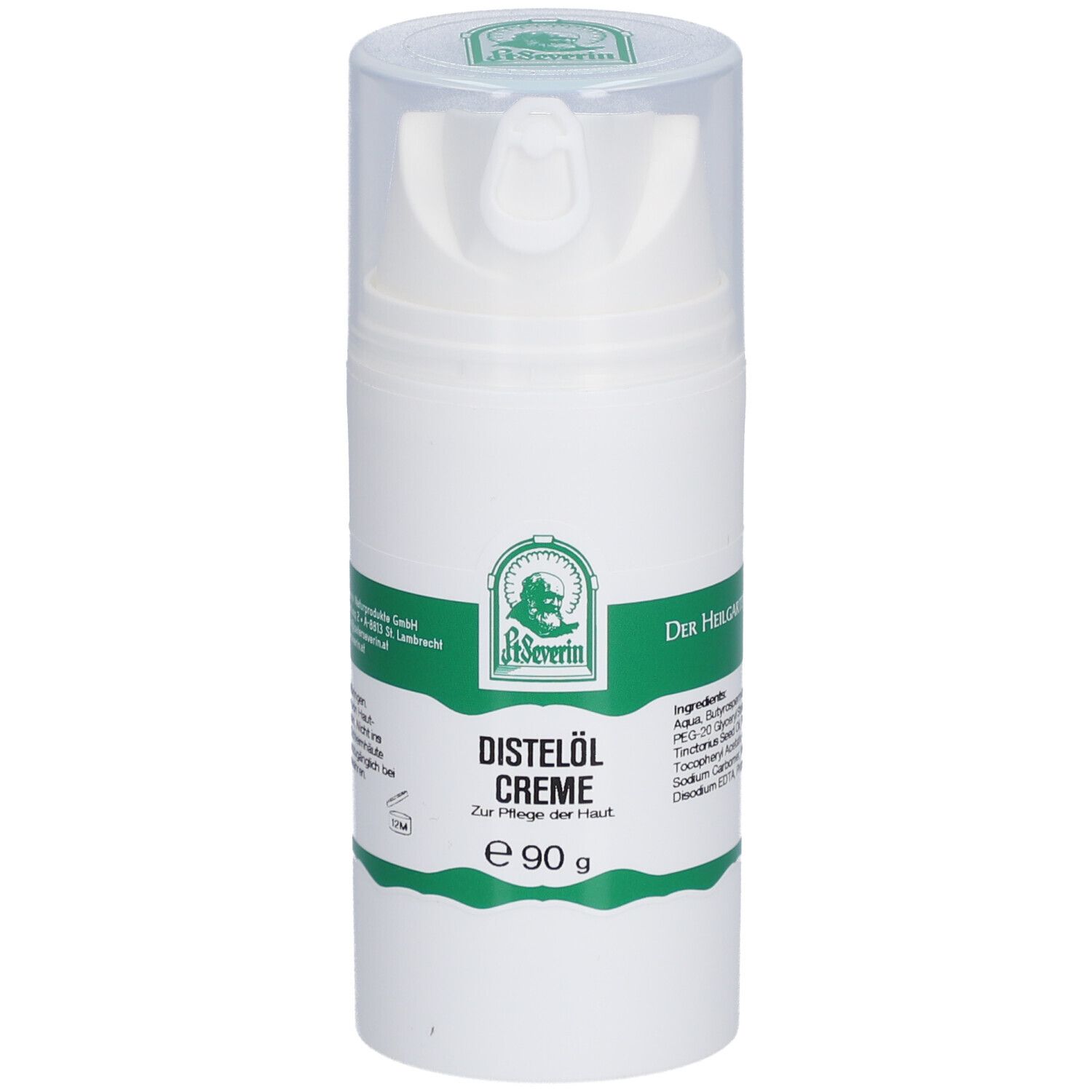 Weiße Creme-Flasche mit grünem Etikett. Aufschrift: Distelöl Creme, e 90 g. Herstellerlogo und Text.