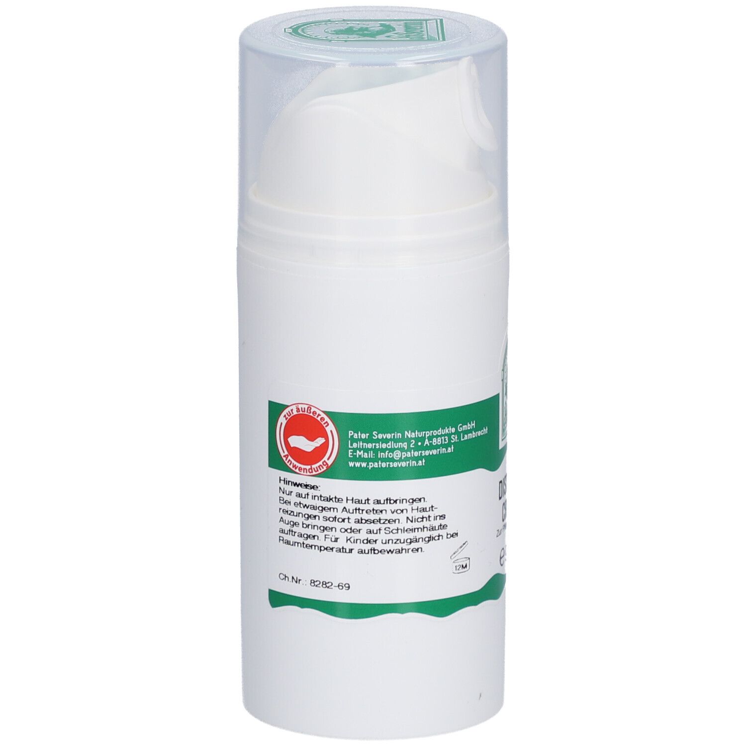 Rückseite der weißen Creme-Flasche mit grünem Etikett. Text und Herstellerinformationen. Rotes Logo.