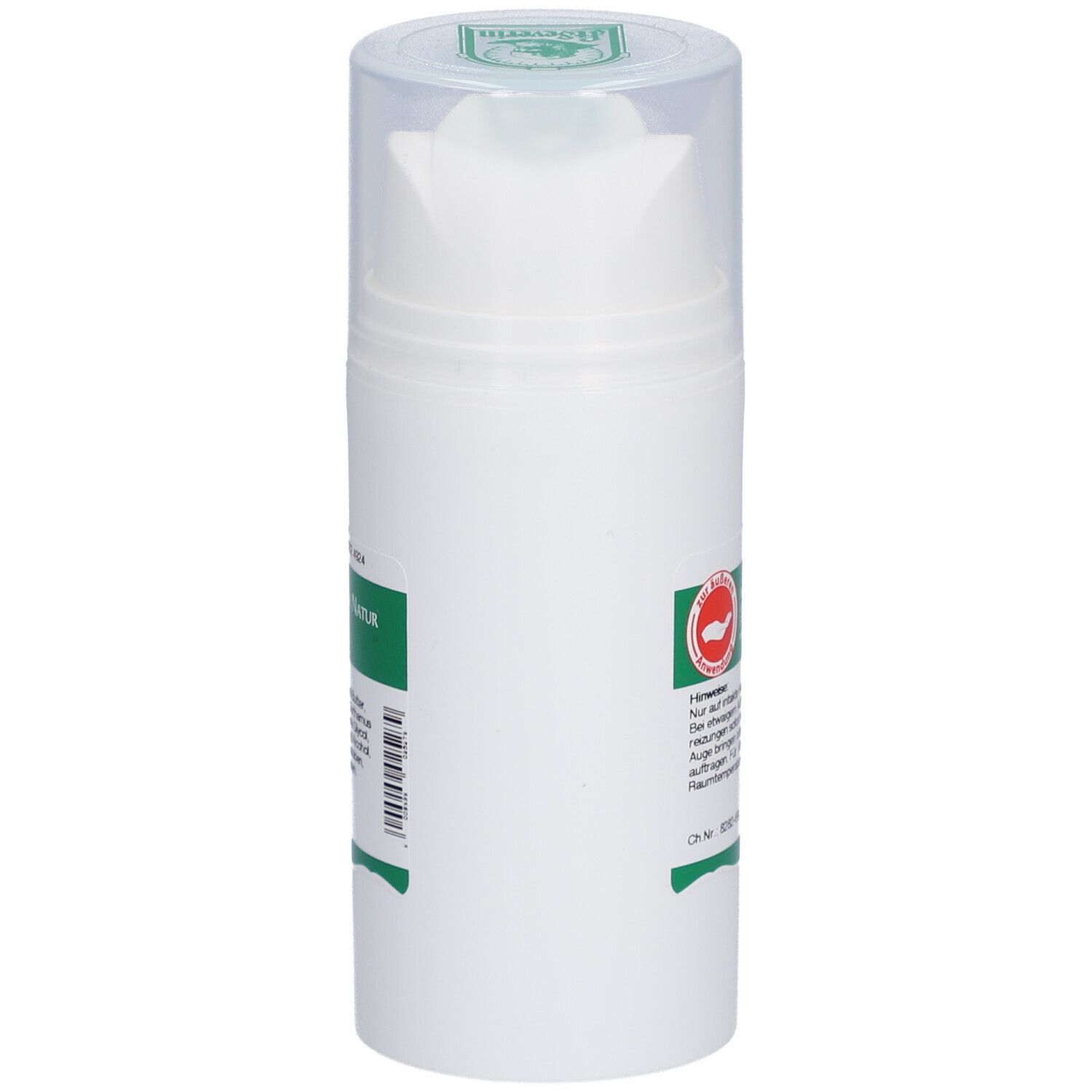 Seitenansicht der weißen Creme-Flasche mit grünem Etikett. Text und Herstellerinformationen. Rotes Logo.