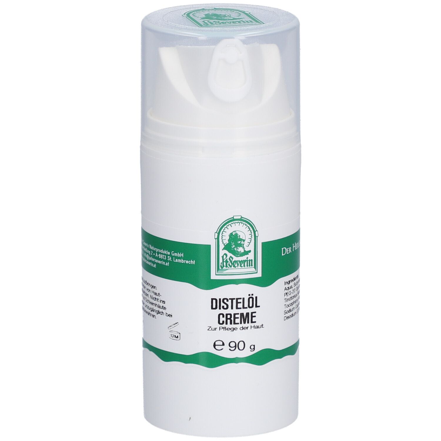Weiße Creme-Flasche mit grünem Etikett. Aufschrift: Distelöl Creme, e 90 g. Herstellerlogo und Text.