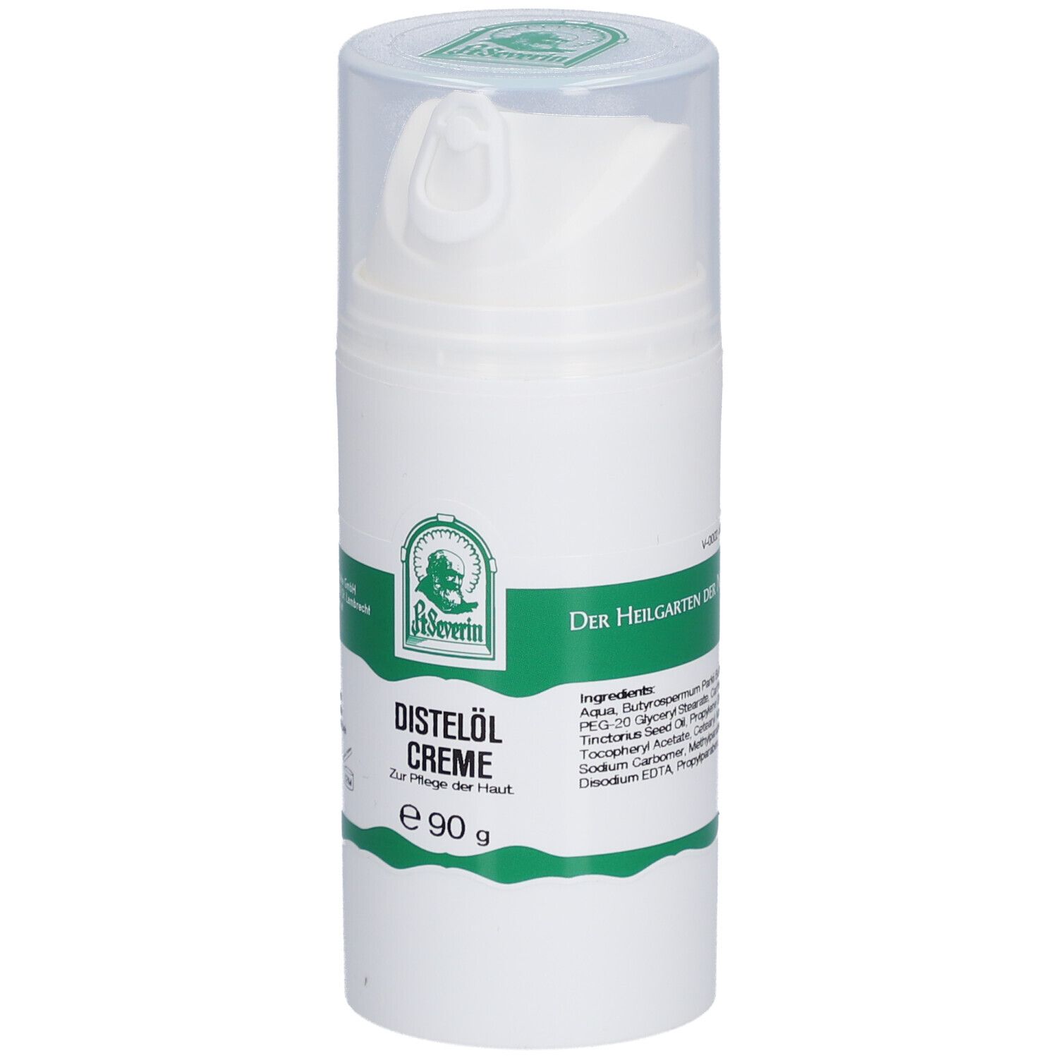 Weiße Creme-Flasche mit grünem Etikett. Aufschrift: Distelöl Creme, e 90 g. Herstellerlogo und Text.