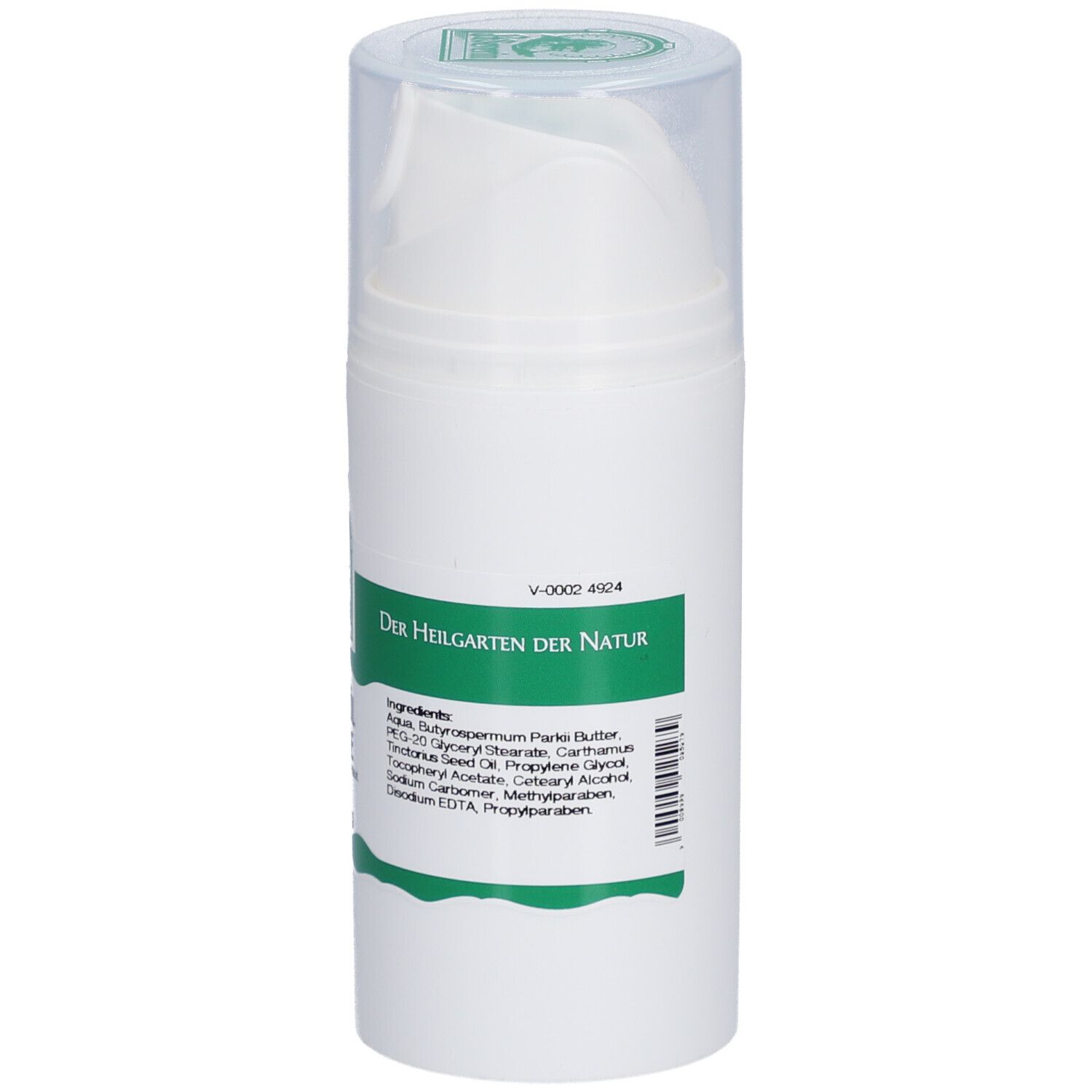 Rückseite der weißen Creme-Flasche mit grünem Etikett. Text und Herstellerinformationen. Logo.