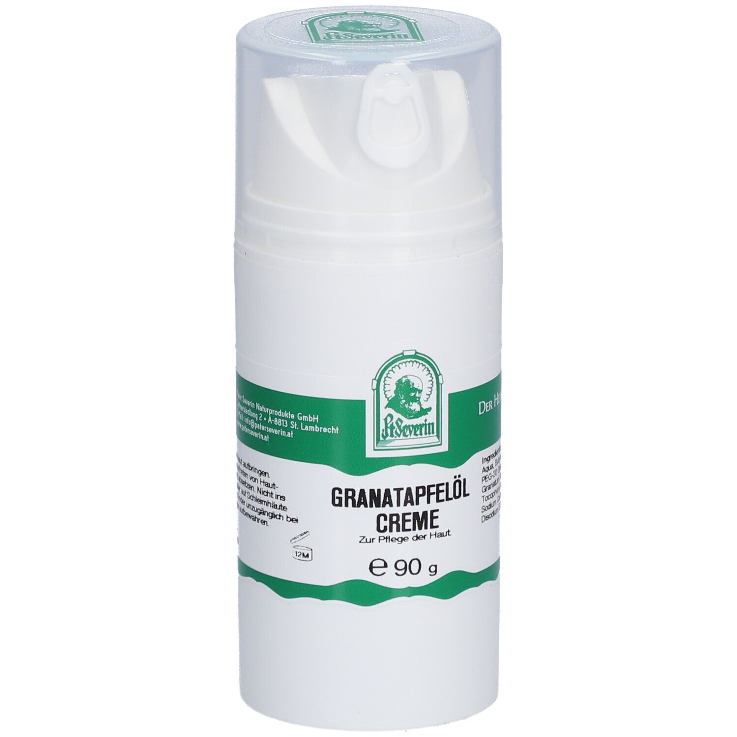 Weiße Creme-Flasche mit Dosierkopf. Grün-weiße Etiketten mit Produktnamen und Logo. "Granatapfelöl Creme" und "e 90 g" sichtbar.