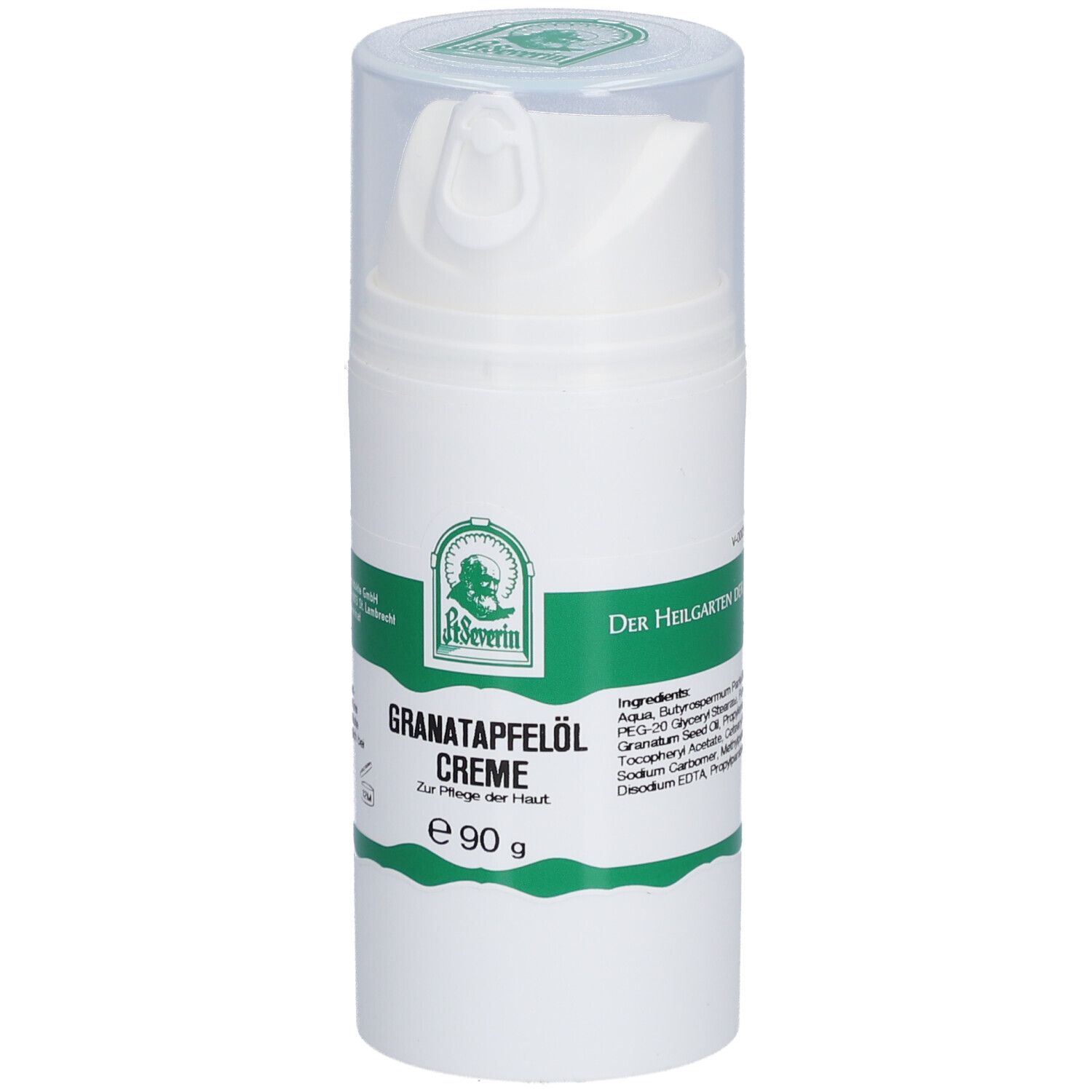 Weiße Creme-Flasche mit Dosierkopf. Grün-weiße Etiketten mit Produktnamen und Logo. "Granatapfelöl Creme" und "e 90 g" sichtbar.