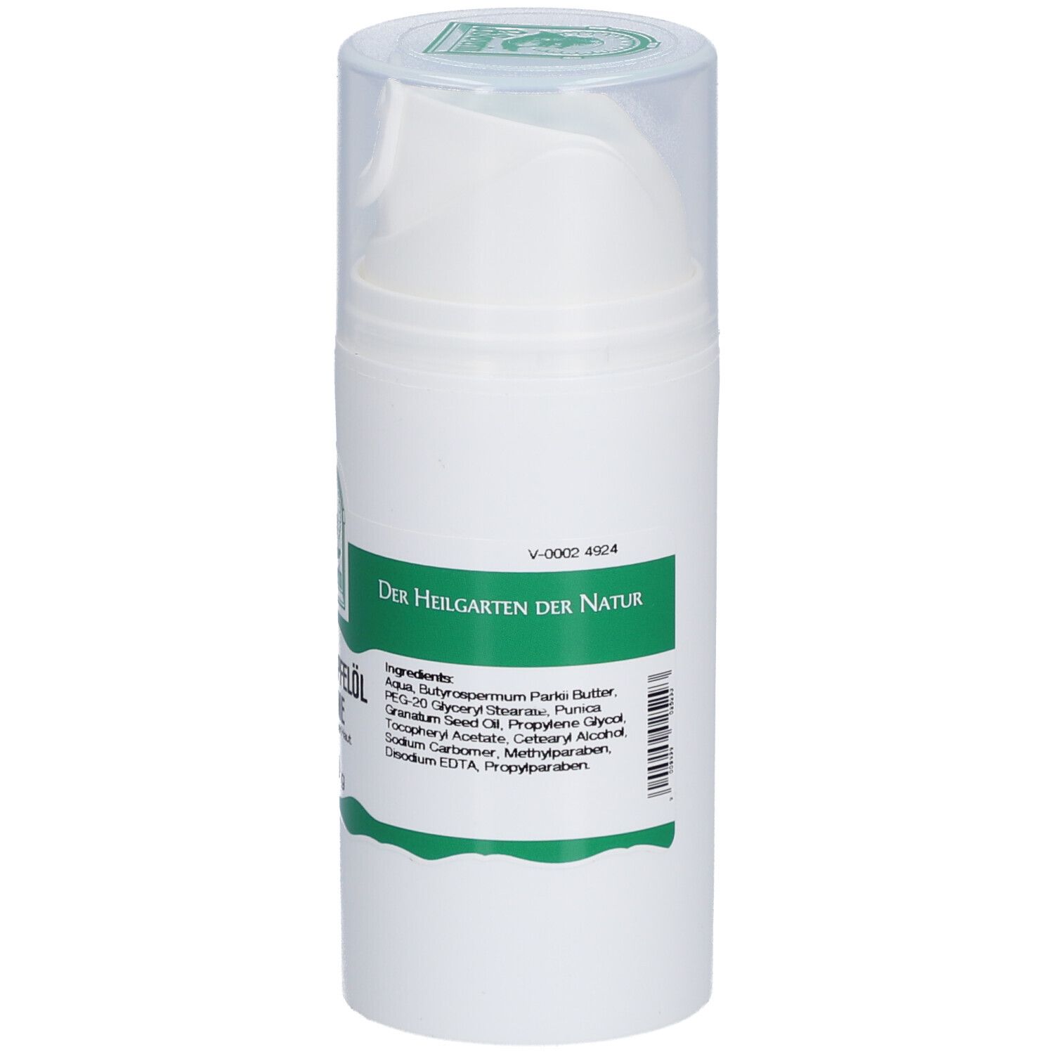Rückseite einer weißen Creme-Flasche. Grün-weißes Etikett mit Text und Logo. Informationen zu Inhaltsstoffen und Hersteller.