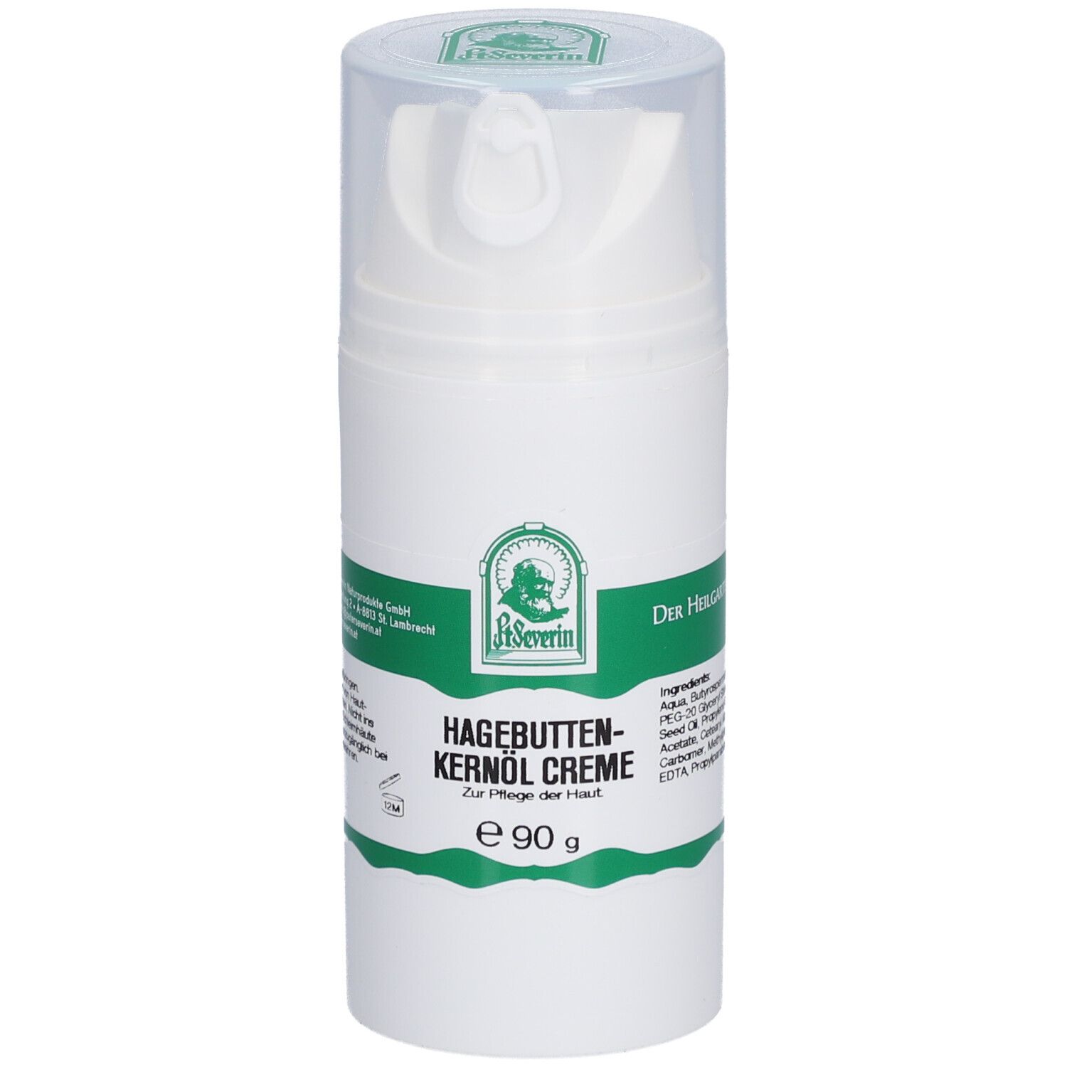 Weiße Creme-Flasche mit grünem Etikett. Aufschrift: St. Severin Hagebuttenkernöl Creme. Mit Dosierkopf und transparenter Kappe.