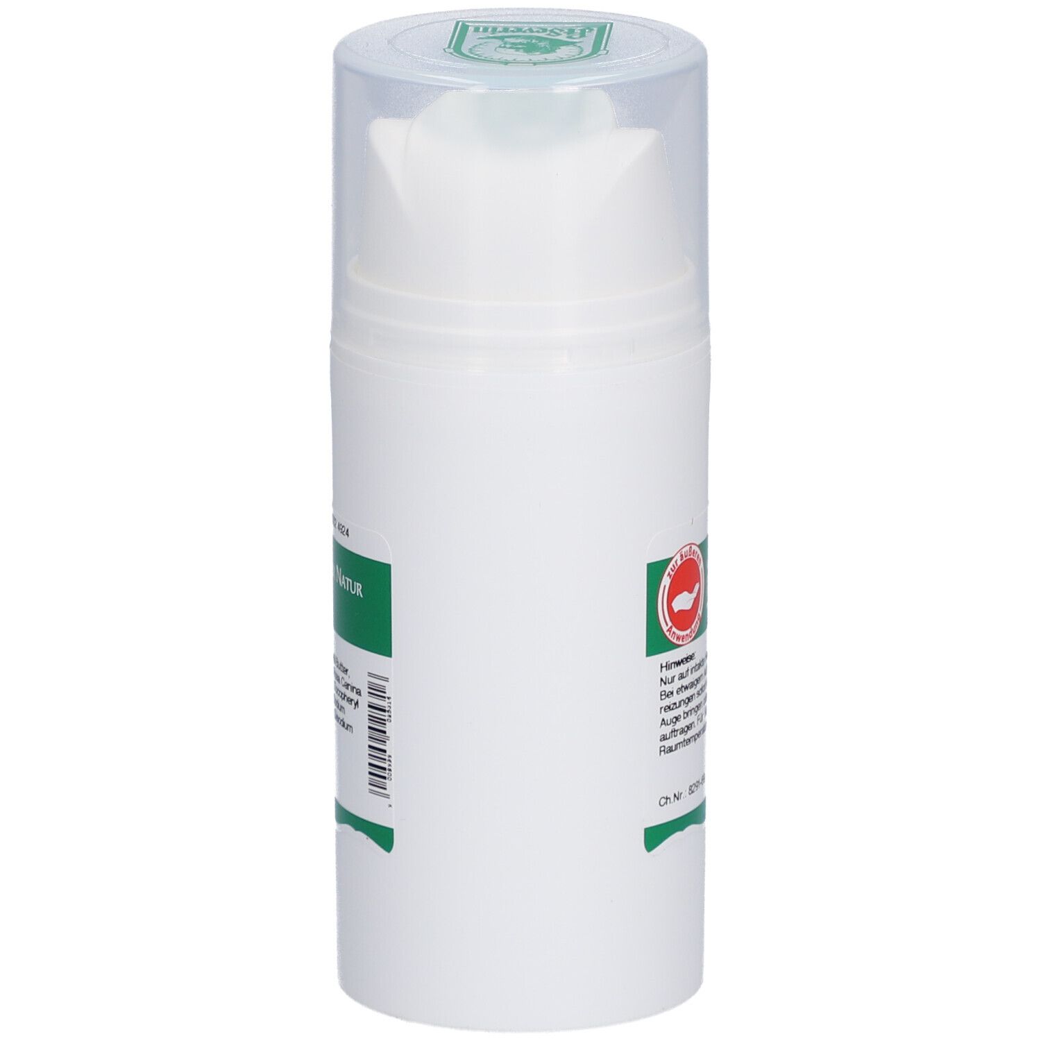 Weiße Creme-Flasche mit grünem Etikett. Text: Hinweise. Roter Handabdruck. Herstellerinformationen. Transparente Kappe.