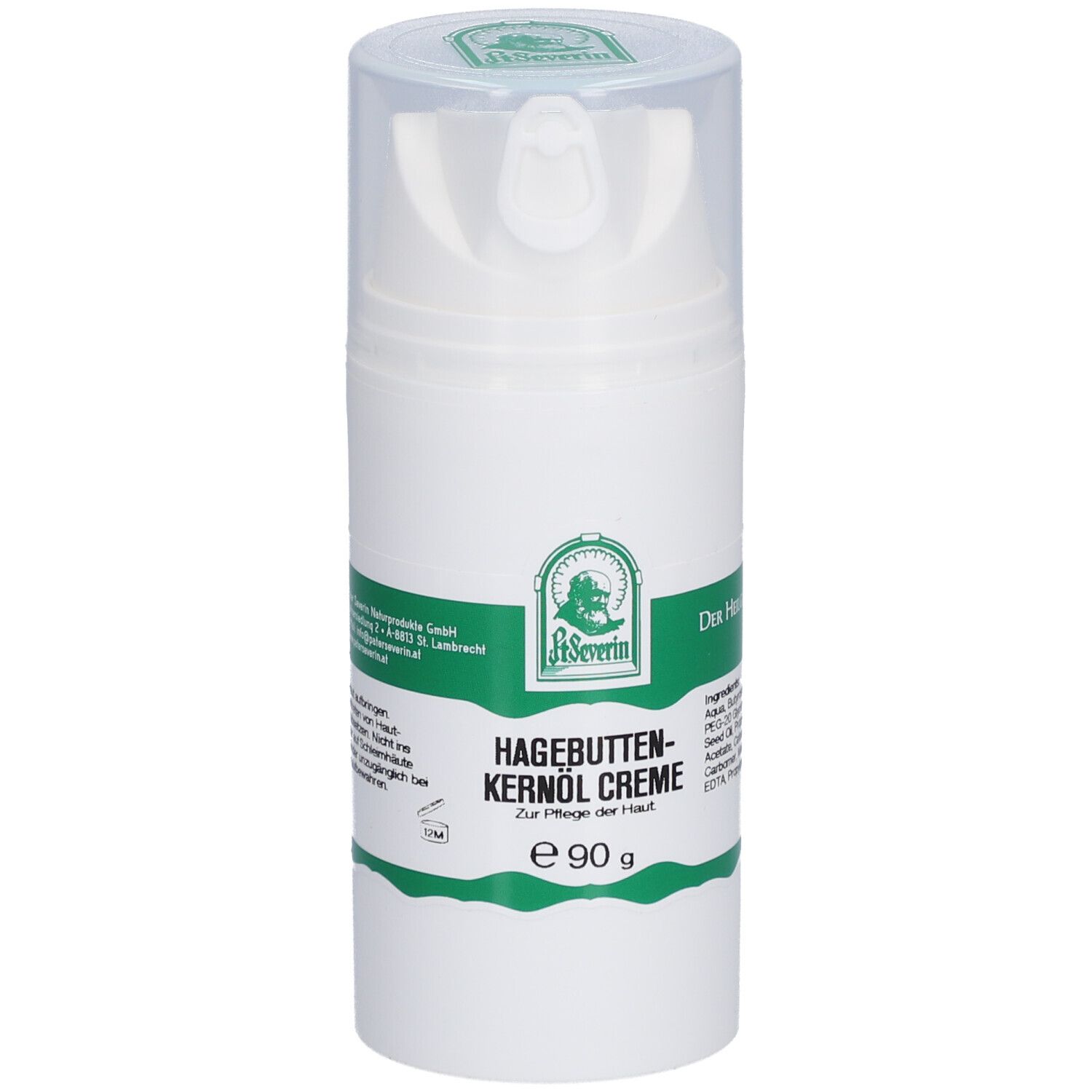 Weiße Creme-Flasche mit grünem Etikett. Aufschrift: St. Severin Hagebuttenkernöl Creme. Mit Dosierkopf und transparenter Kappe.