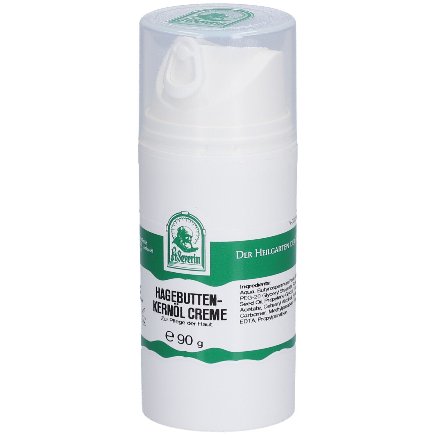Weiße Creme-Flasche mit grünem Etikett. Aufschrift: St. Severin Hagebuttenkernöl Creme. Mit Dosierkopf und transparenter Kappe.